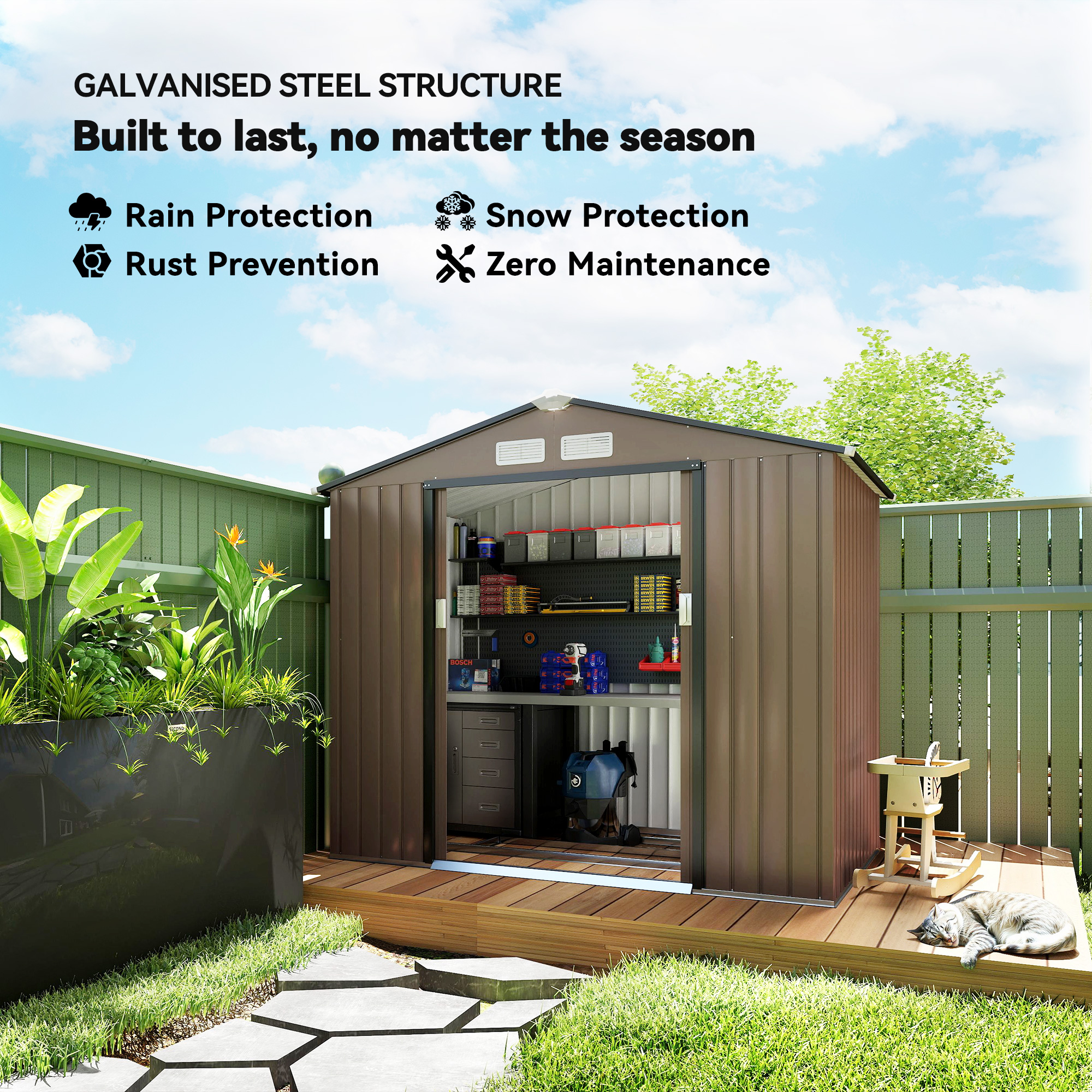 Outsunny 7 x 4ft Metal Garden Shed, Outdoor Storage Tool House with Ventilation Slots, Foundation Kit and Lockable Double Doors, Brown 4