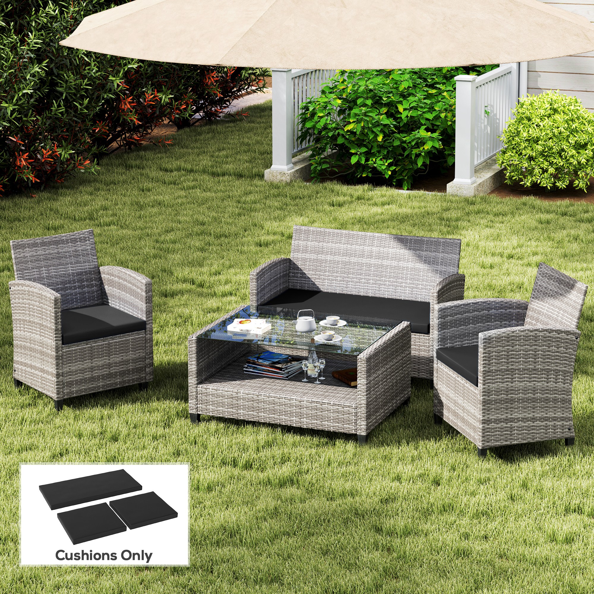 Outsunny Outdoor Seat Cushion Pads for Rattan Furniture, 3 PCs Garden Furniture Cushions, Black 2