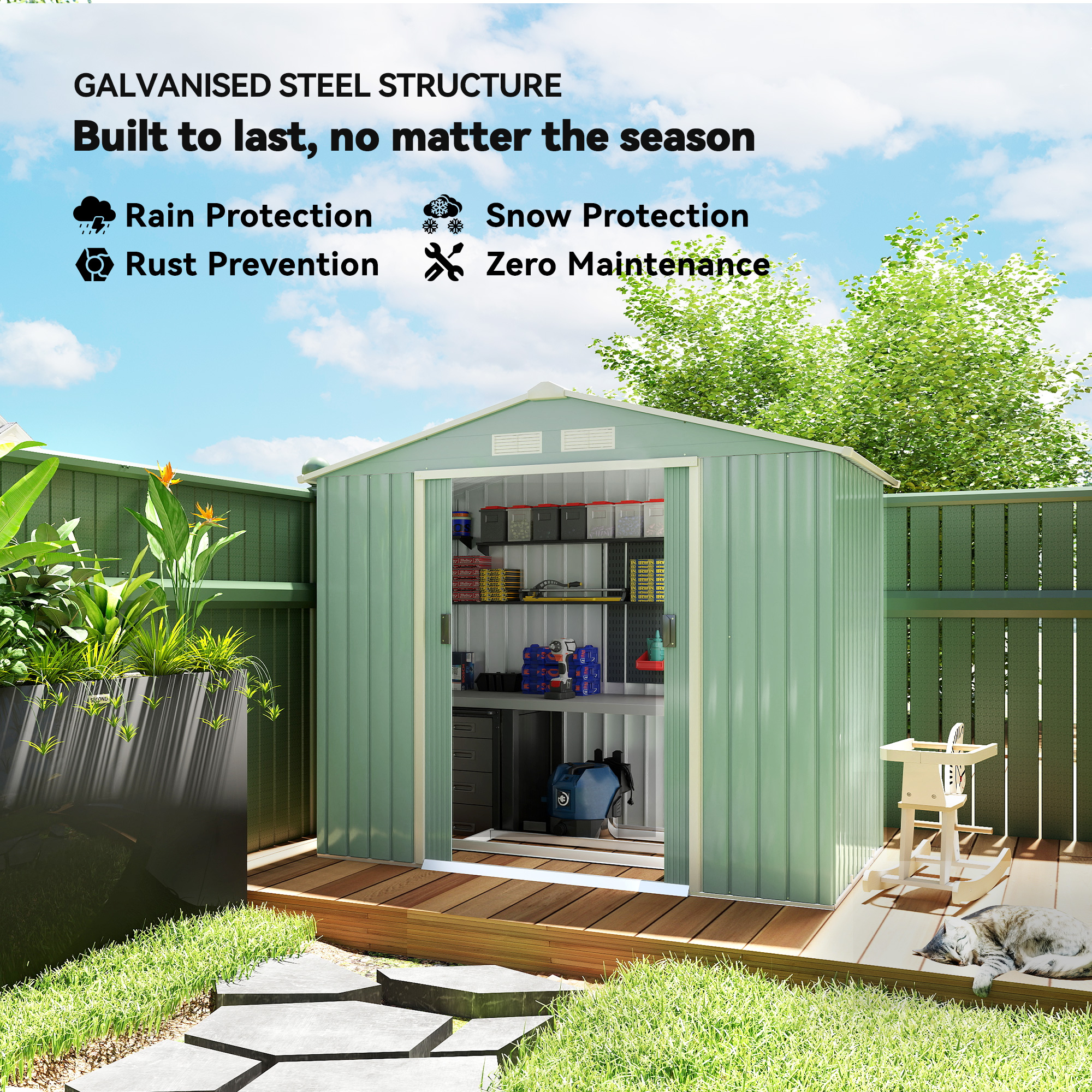 Outsunny 7 x 4ft Metal Garden Shed, Outdoor Storage Tool House with Ventilation Slots, Foundation Kit and Lockable Double Doors, Light Green 4