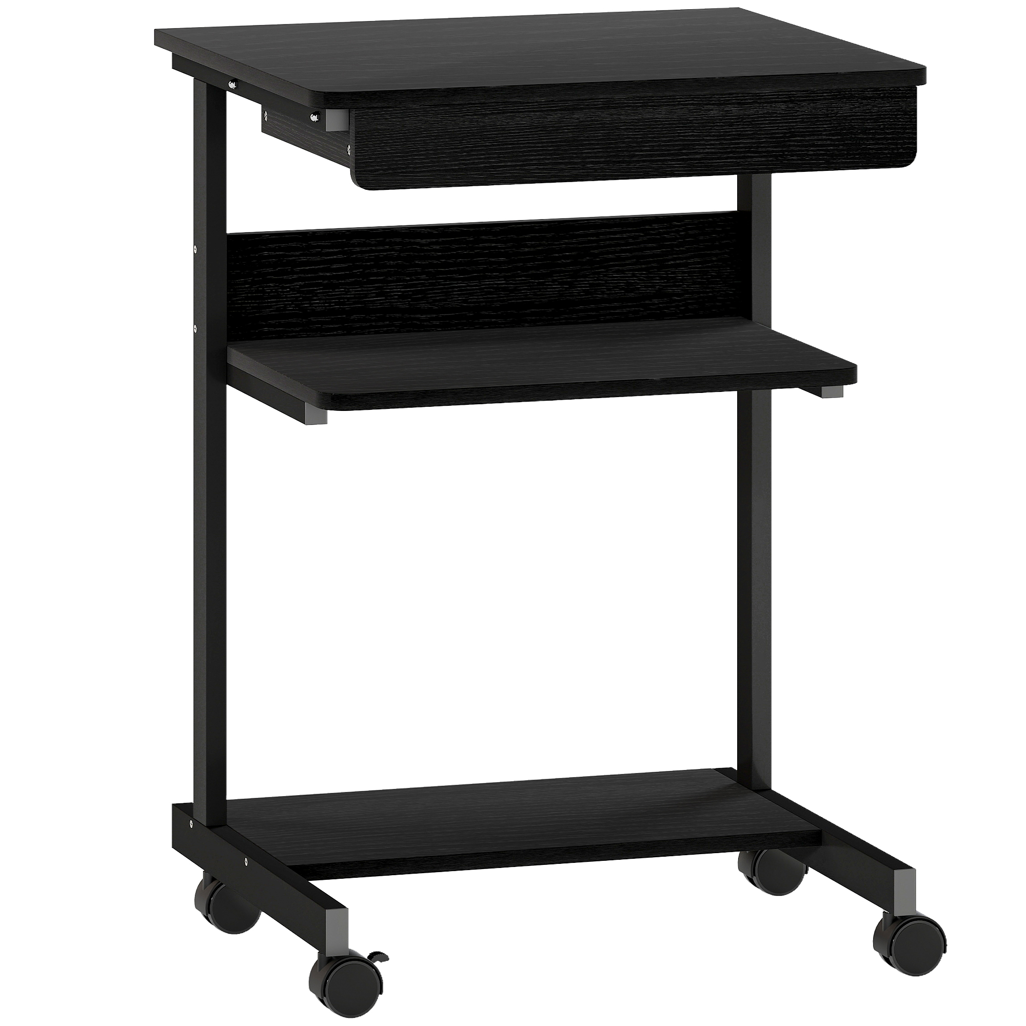 HOMCOM Escritorio PC con Cajón Deslizable, 2 Estantes y 4 Ruedas, en Madera y Metal, 56x51x79 cm, Negro