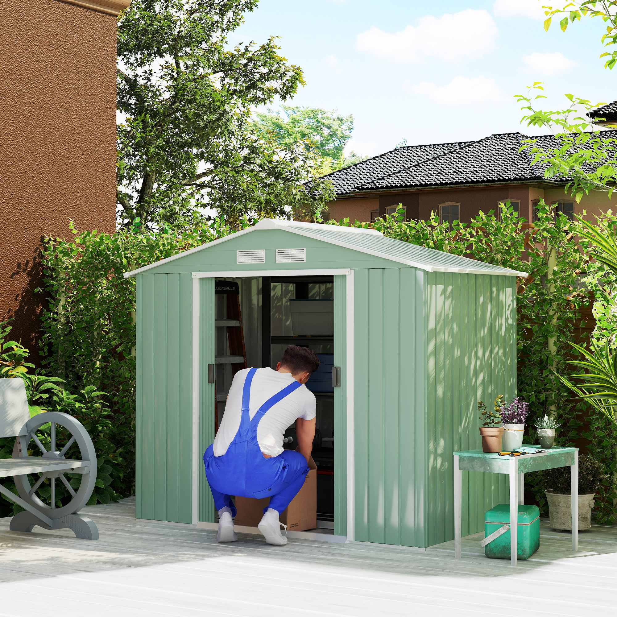 Outsunny 7 x 4ft Metal Garden Shed, Outdoor Storage Tool House with Ventilation Slots, Foundation Kit and Lockable Double Doors, Light Green 2