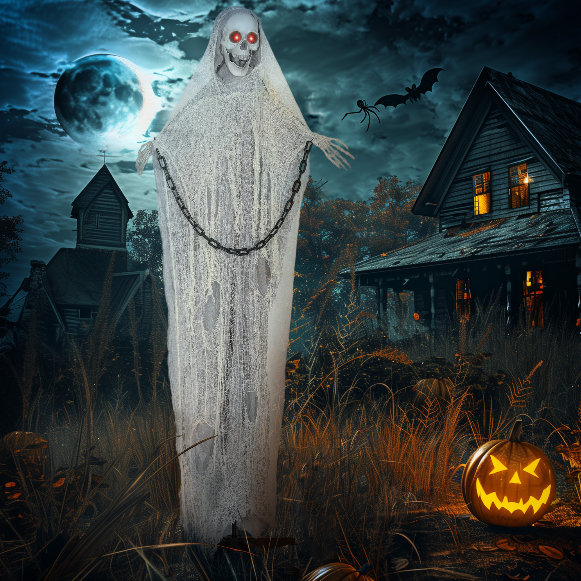 Outsunny 183 cm Life Size Halloween Animated Skeleton Grim Reaper with Glowing LED Eyes, Scary Halloween Decorations, Battery Operated, Indoor Party Props 2
