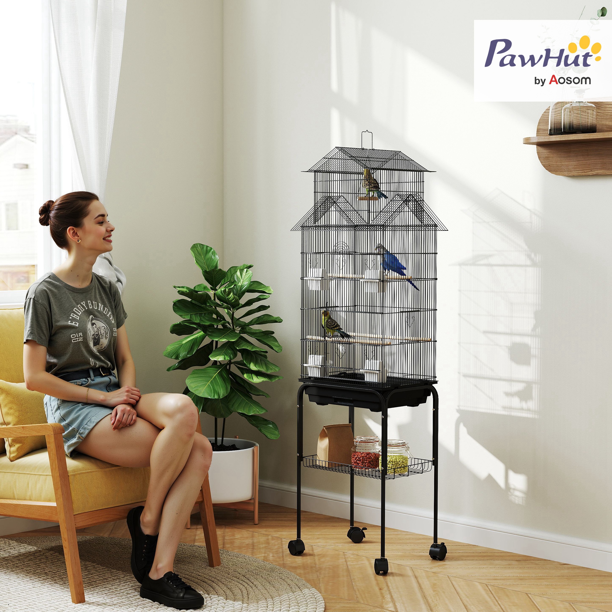PawHut Vogelkäfig im Design eines Hauses mit Futtertrögen, Sitzstangen, Tür günstig online kaufen