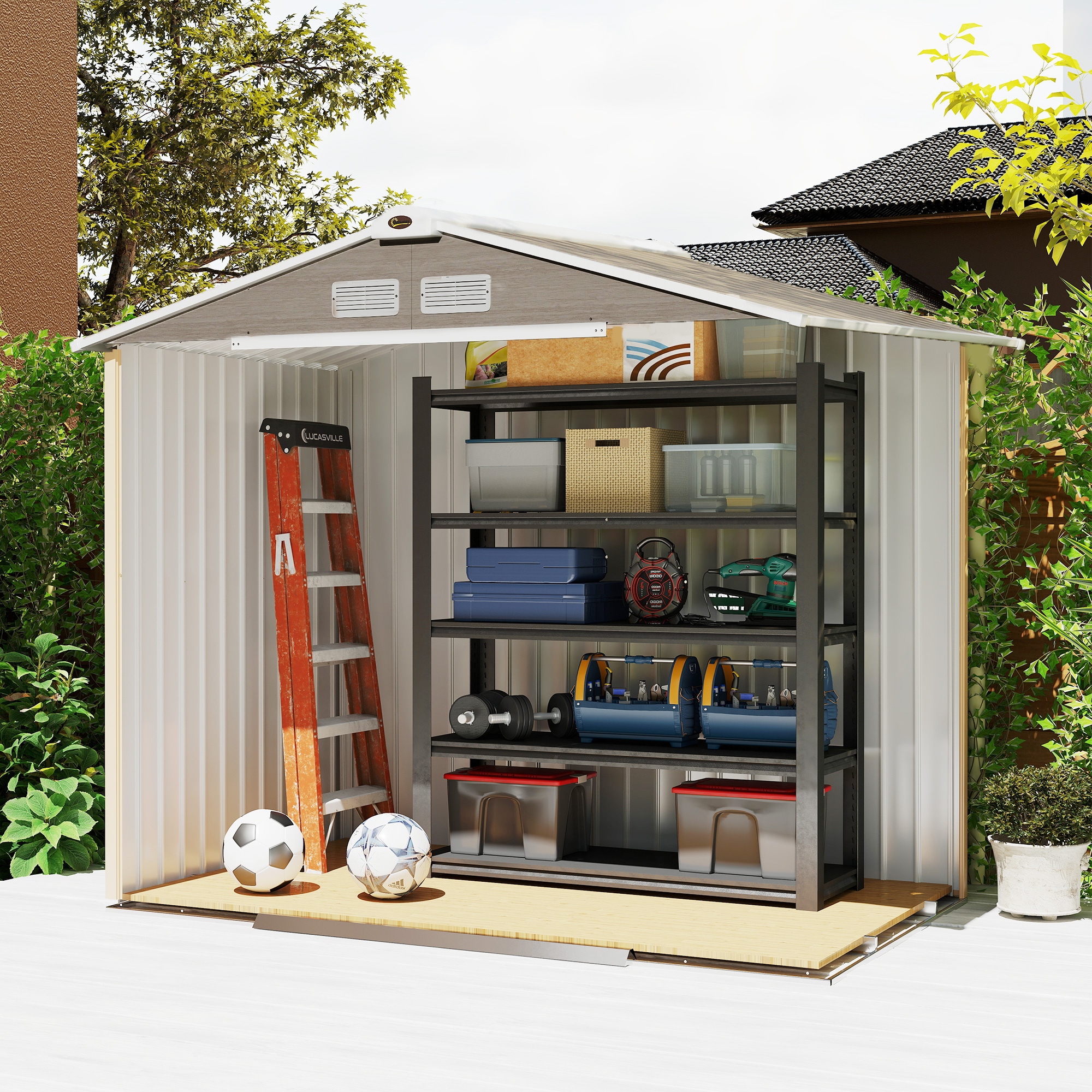 Outsunny 7 x 4ft Metal Garden Storage Shed with Vents, Floor Foundation Kit and Lockable Double Doors, Light Brown 9