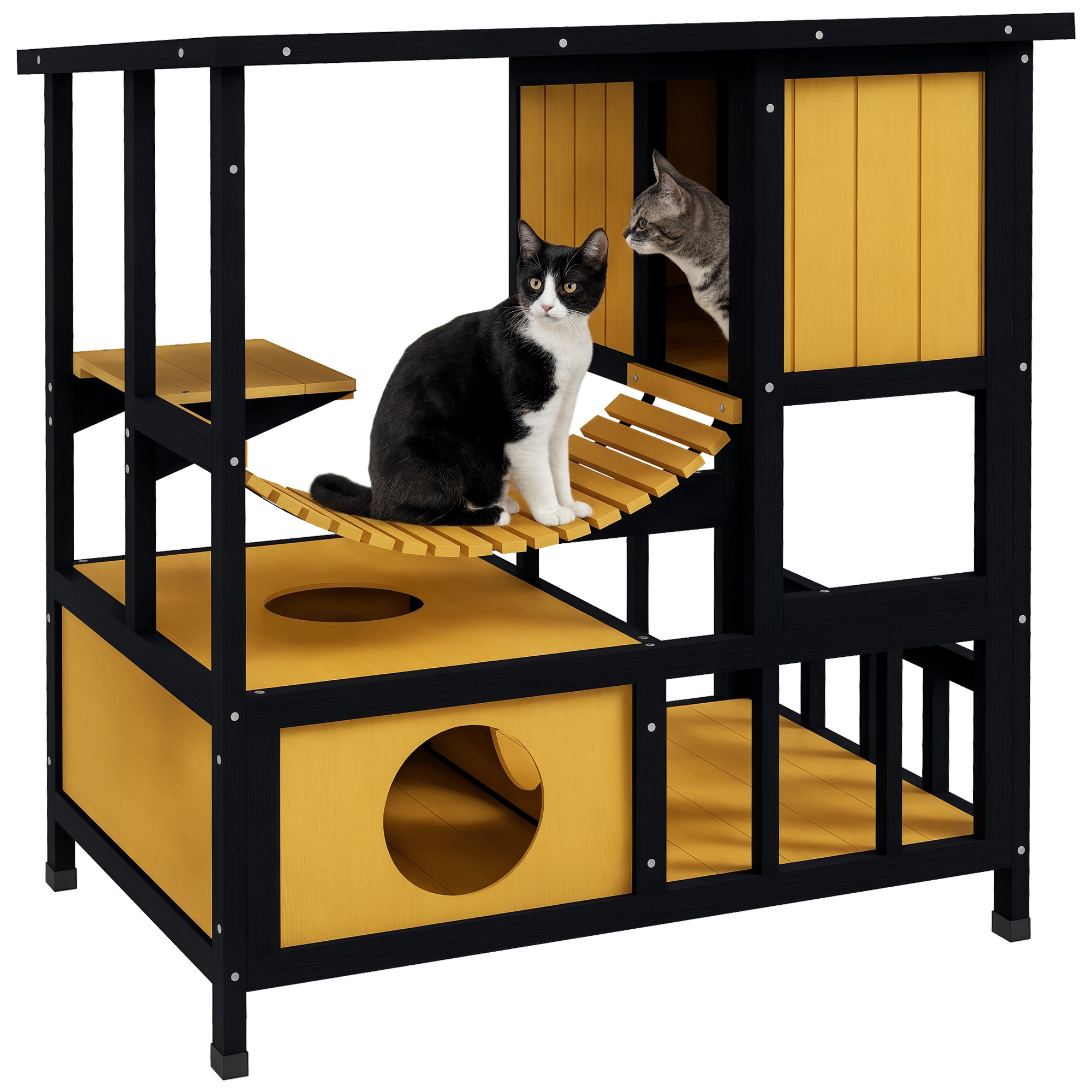 Image of PawHut Casa per gatti Casetta per gatti Tana per gatti, resistente alle intemperie, con 1 rampa, 1 piattaforma, 84,5 x 60 x 88 cm, Verde + Naturale Aosom Italy006