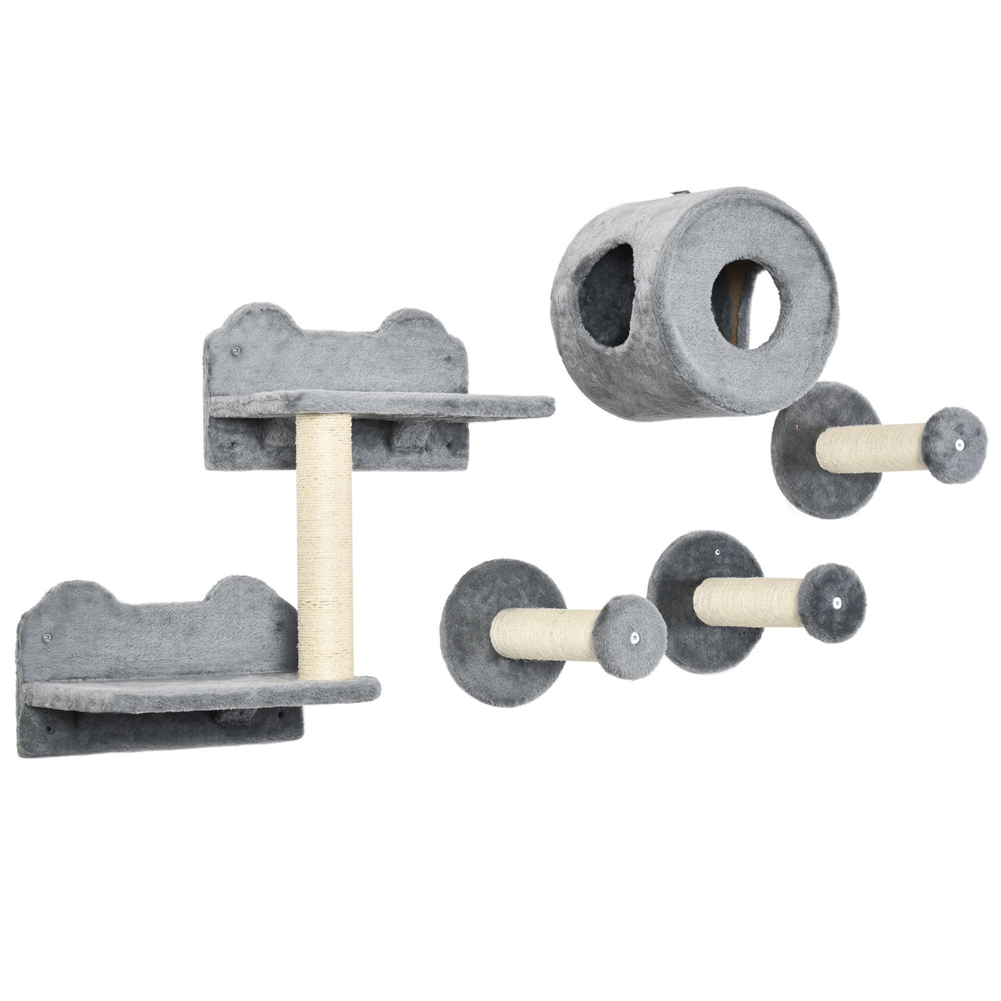 PawHut 4PCs Wall-Mounted Cat Shelves w/ Scratching Post, Hammock, Nest - Grey