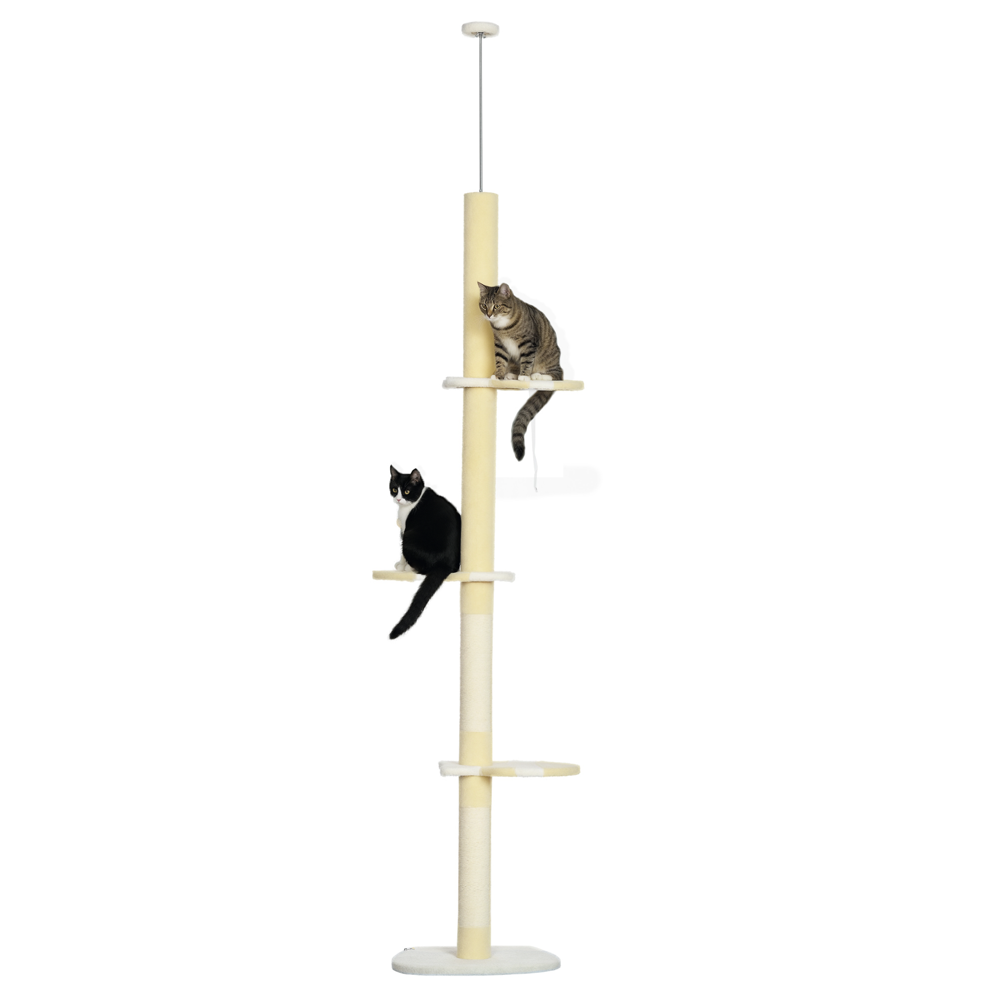 PawHut Árbol para Gatos de Suelo a Techo con Altura Ajustable Poste de Sisal y Bola para Jugar 47x34x220-260 cm Crema | Aosom España
