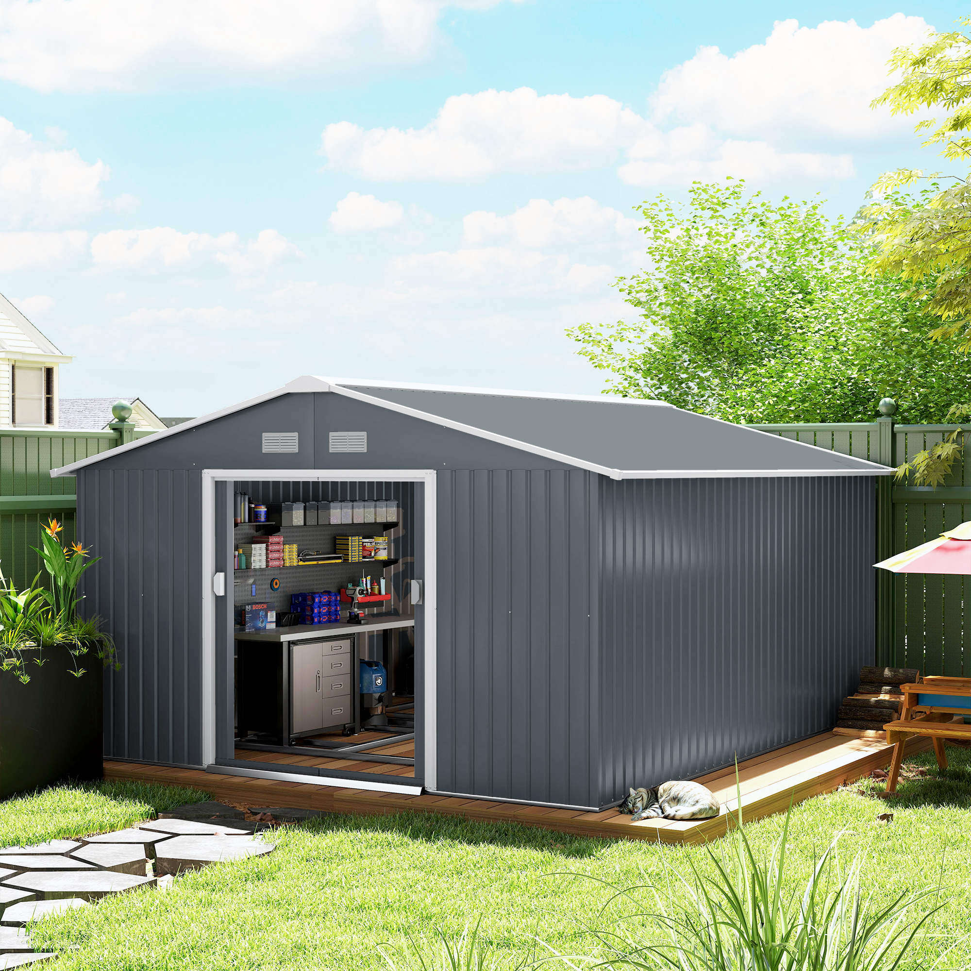 Outsunny 13 x 11ft Metal Garden Shed, Outdoor Storage Tool House with Ventilation Slots, Foundation Kit and Lockable Double Doors, Grey 2