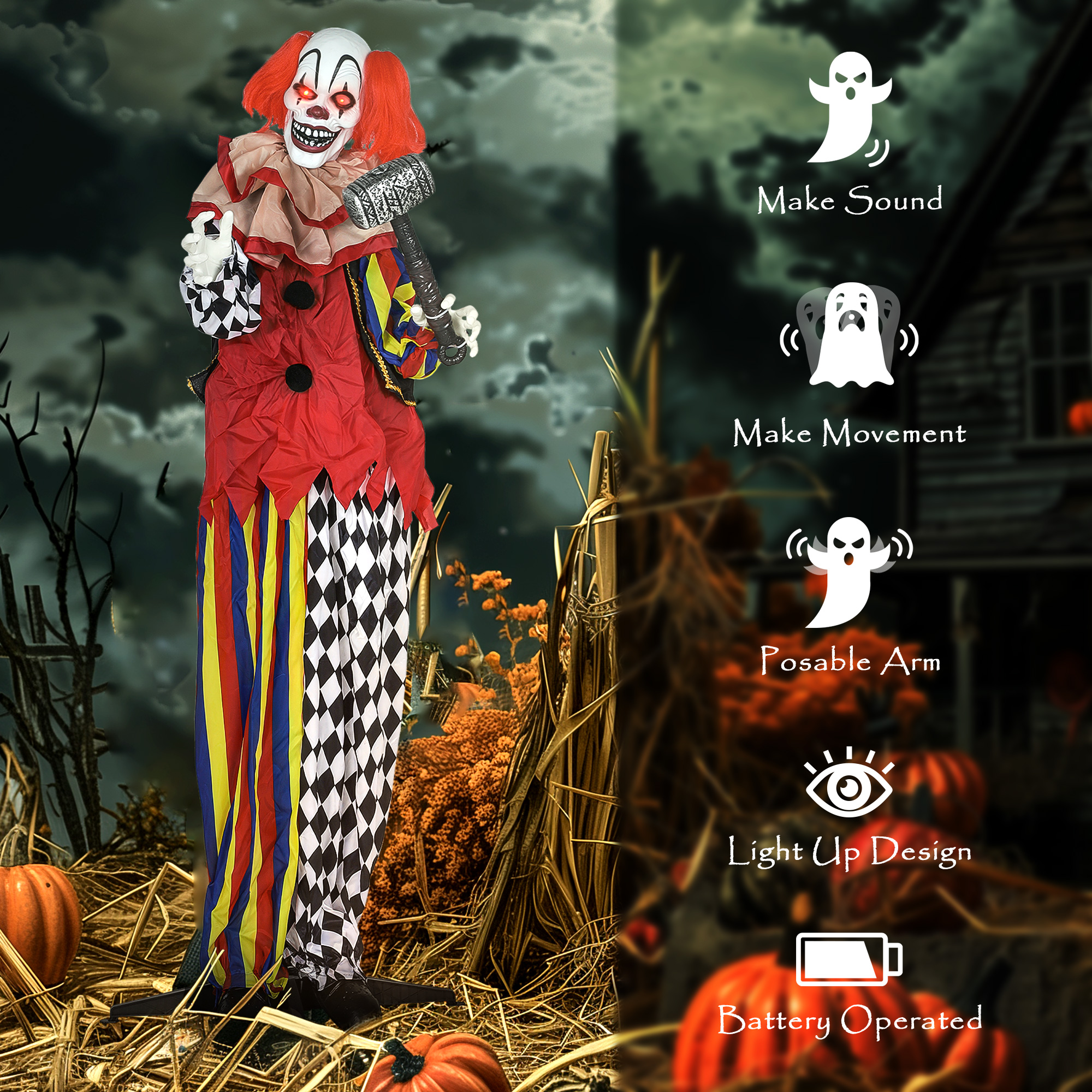 Outsunny 173 cm Life Size Halloween Animated Standing Clown & Hammer with Red Light Up Eyes, Sound Activated Moving Arms & Head, Scary Clown Halloween Decorations, Battery Operated, Indoor Party Props 6