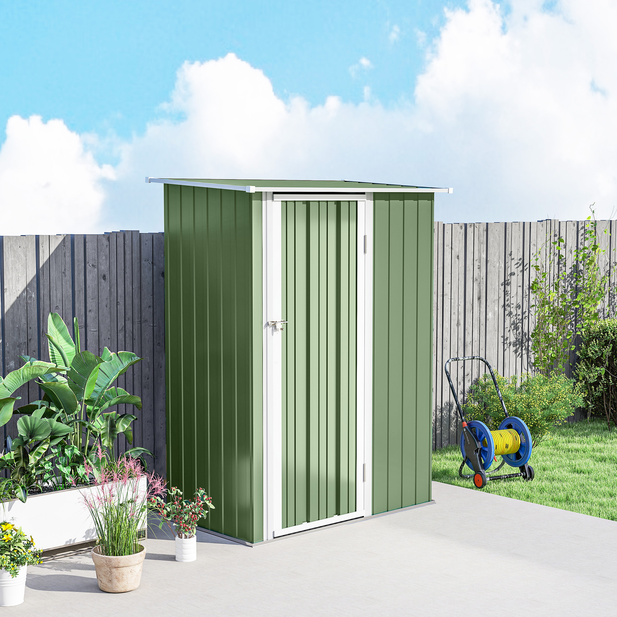 Outsunny 5ft x 3ft Garden Storage Shed, Outdoor Metal Shed with Sloped Roof, Lockable Door for Tools, Equipment, Light Green 9