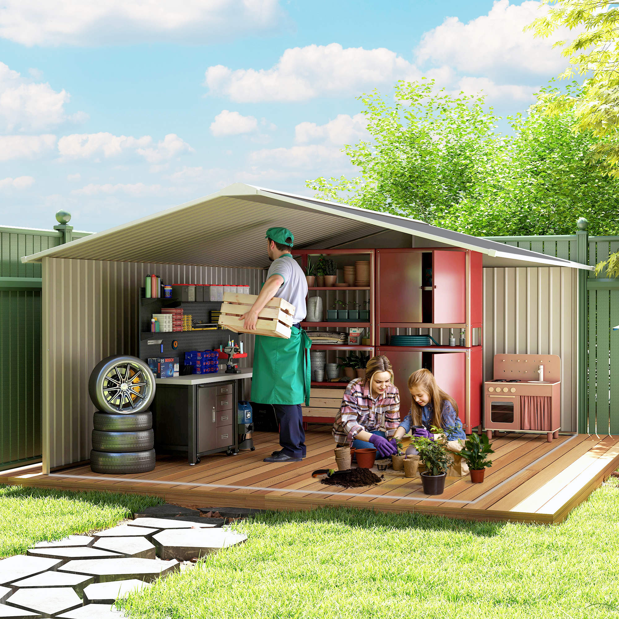 Outsunny 13 x 11ft Metal Garden Shed, Outdoor Storage Tool House with Ventilation Slots, Foundation Kit and Lockable Double Doors, Grey 9