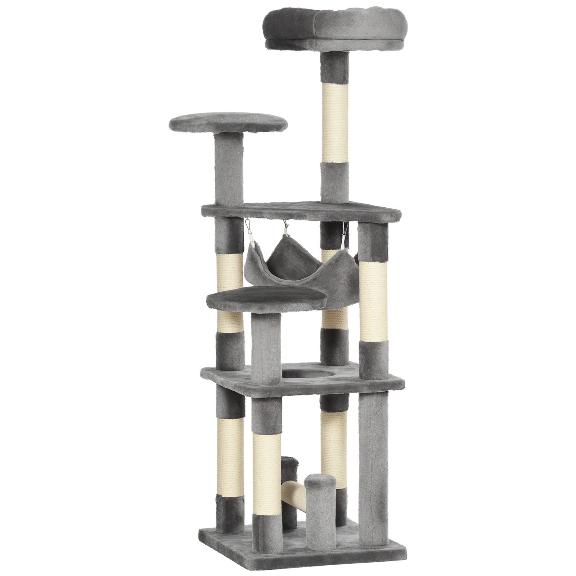 Image of PawHut Albero Tiragraffi per Gatti a 4 Livelli con Amaca Cuccia Piattaforme Peluche Sisal Naturale Altezza 132cm Grigio Aosom006