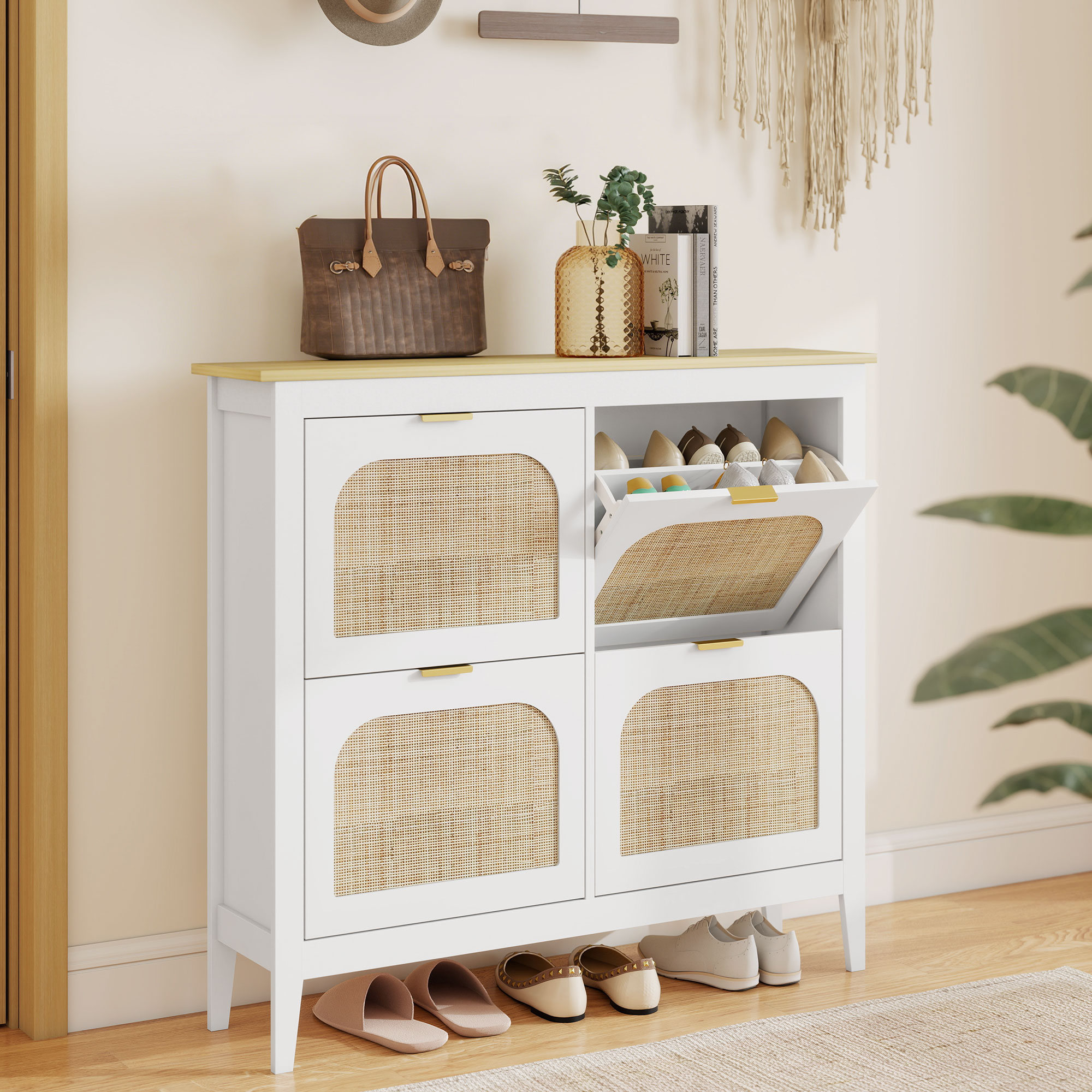 HOMCOM Schuhschrank mit 4 Rattantüren Schuhregal für den Eingang mit verste günstig online kaufen