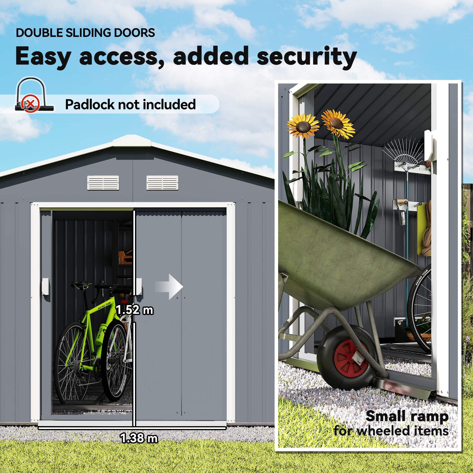 Outsunny 13 x 11ft Metal Garden Shed, Outdoor Storage Tool House with Ventilation Slots, Foundation Kit and Lockable Double Doors, Grey 5