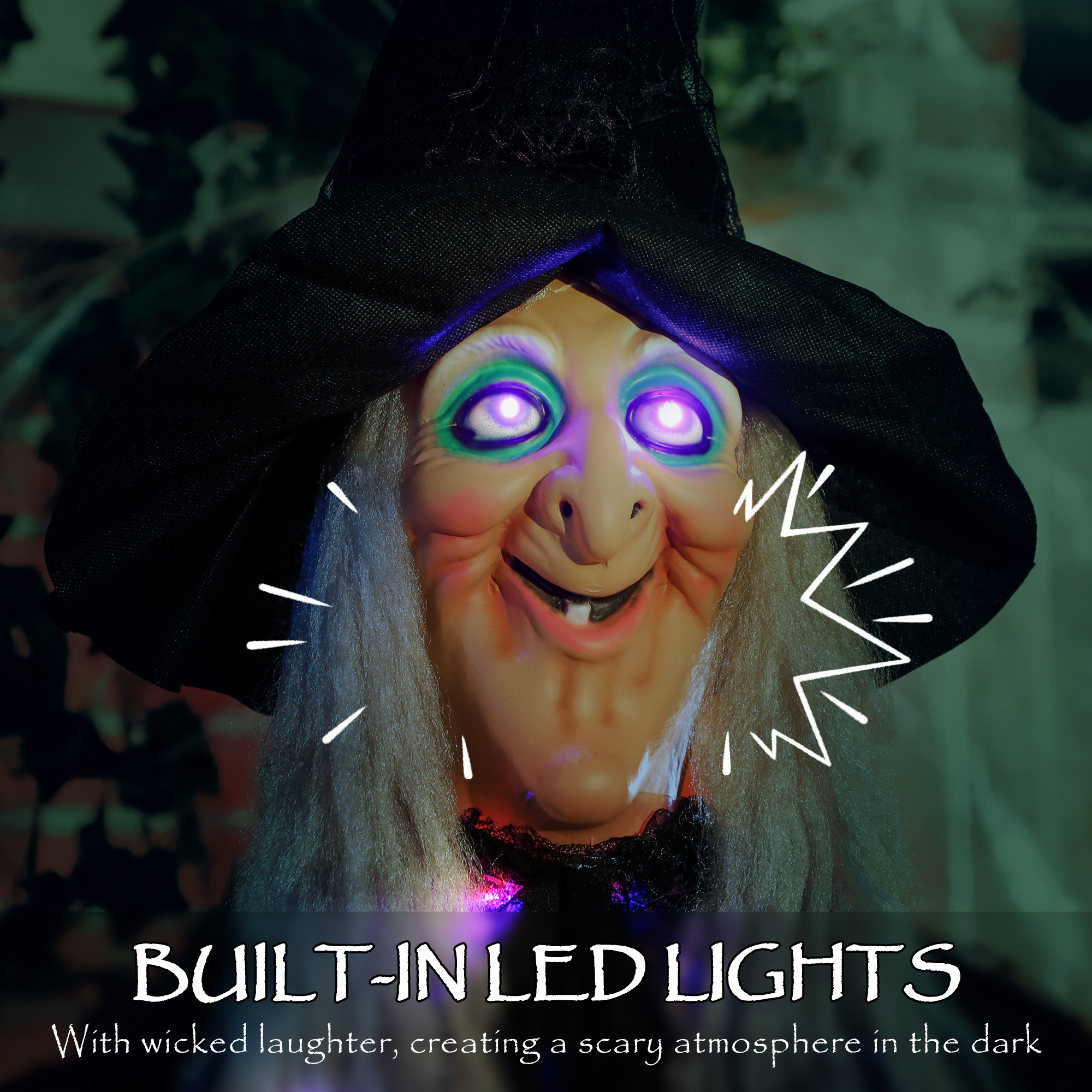 Outsunny 183 cm Life Size Halloween Animated Hanging Witch with Glowing LED Eyes & Body, Spooky Witch Scary Halloween Decorations, Battery Operated, Indoor Party Props 5