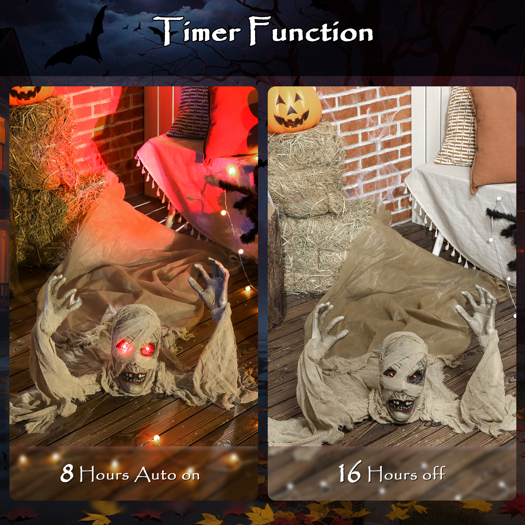 Outsunny 183 cm Life Size Halloween Animated Crawling Mummy with Glowing LED Eyes, 8/16H Timer, Scary Halloween Decorations, Battery Operated, Indoor Outdoor Party Props 5