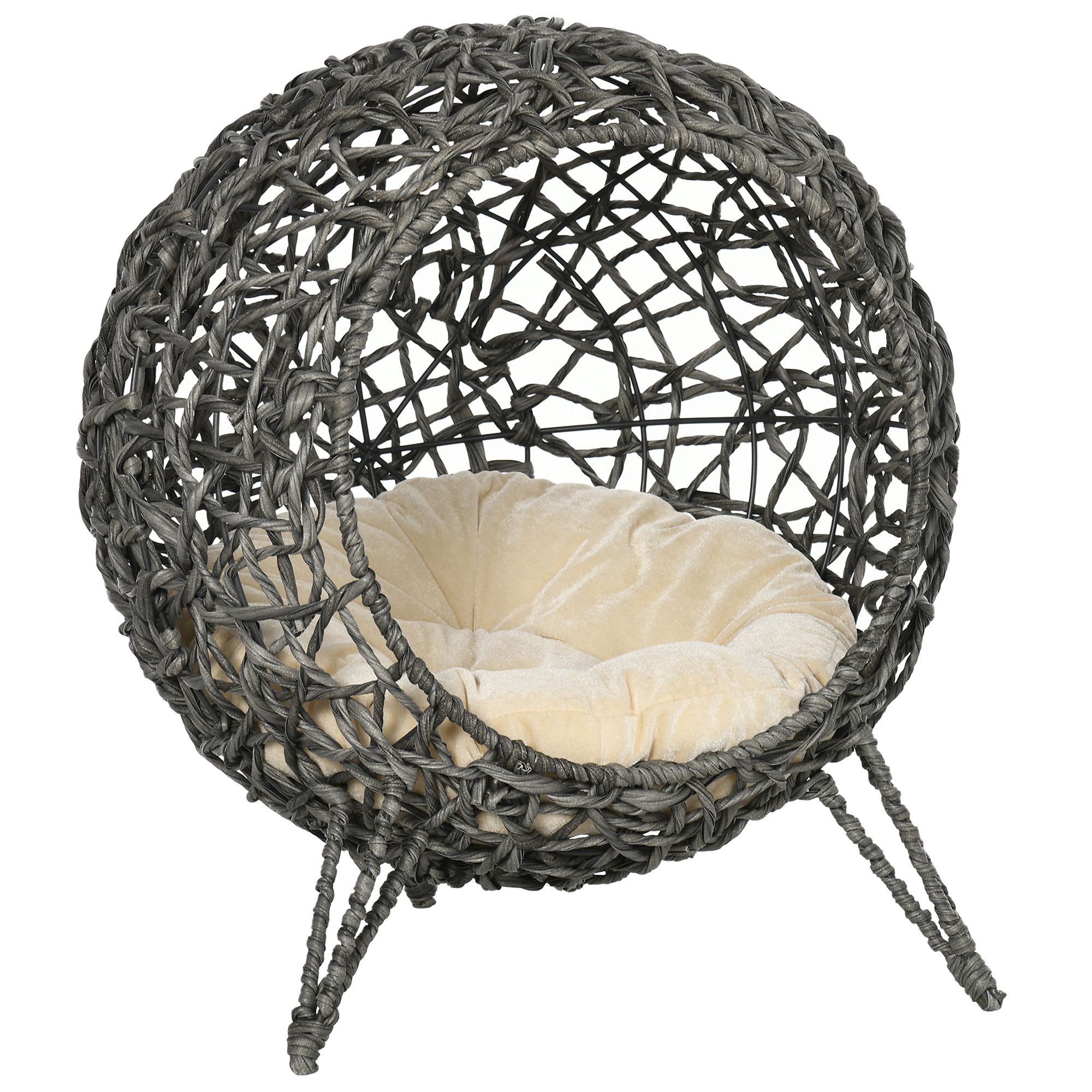 PawHut Wicker Cat Bed, Ball-Shaped Rattan Elevated Cat Basket with Three Tripod Legs, Cushion - Natural Wood Finish