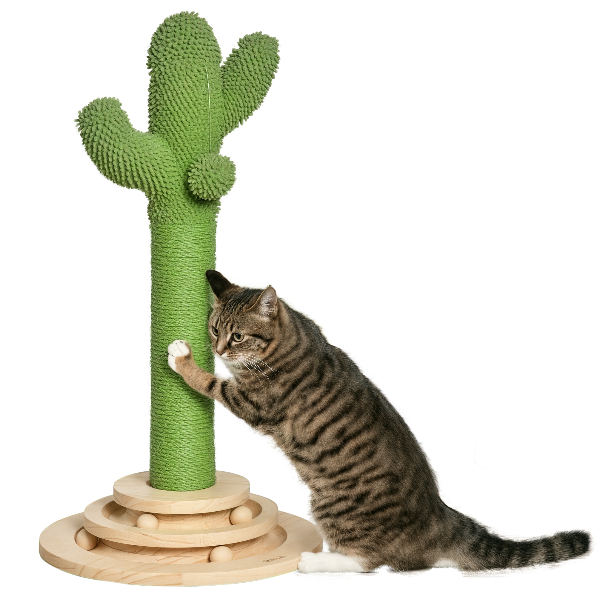Image of PawHut Albero Tiragraffi per Gatti Adulti e Gattini a Forma di Cactus, Corda Sisal e Base con Palline in Legno, 32x32x60cm, Verde Aosom006