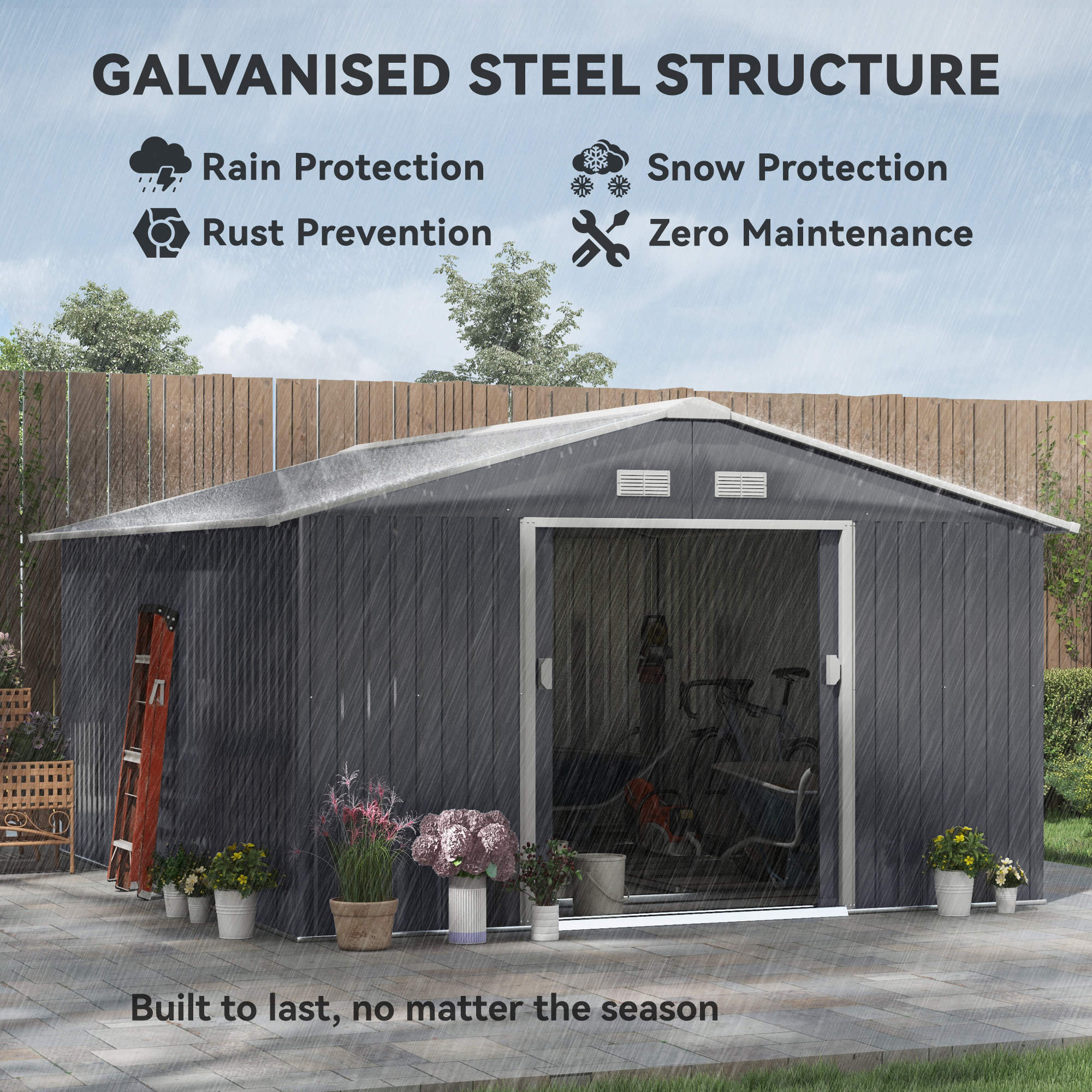 Outsunny 13 x 11ft Metal Garden Shed, Outdoor Storage Tool House with Ventilation Slots, Foundation Kit and Lockable Double Doors, Grey 4