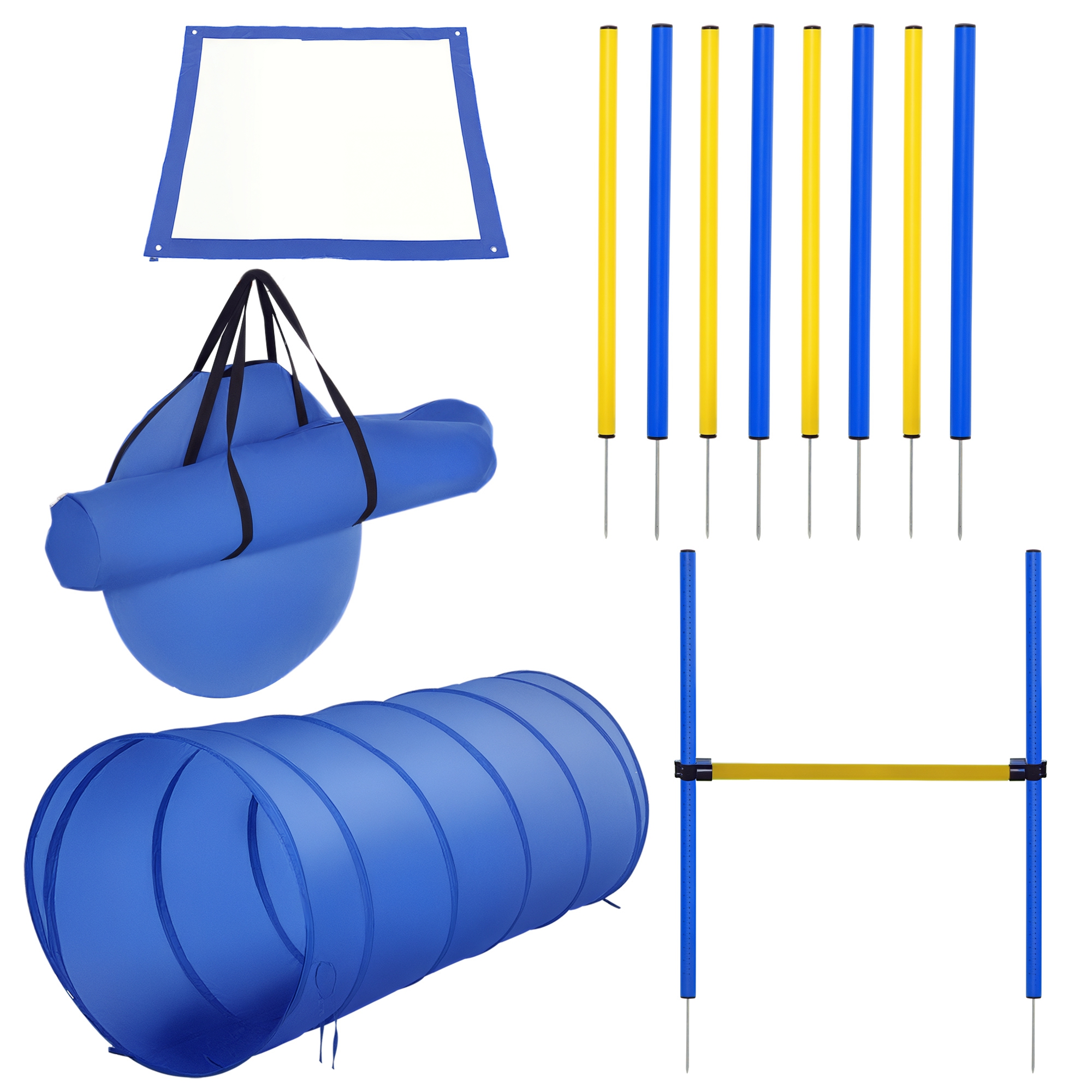 PawHut Agility Übungsset Slalom Hürden Tunnel Hundesport Trainingsplatz aus PE und Polyester in Blau und Gelb für aktive Hunde Aosom.de