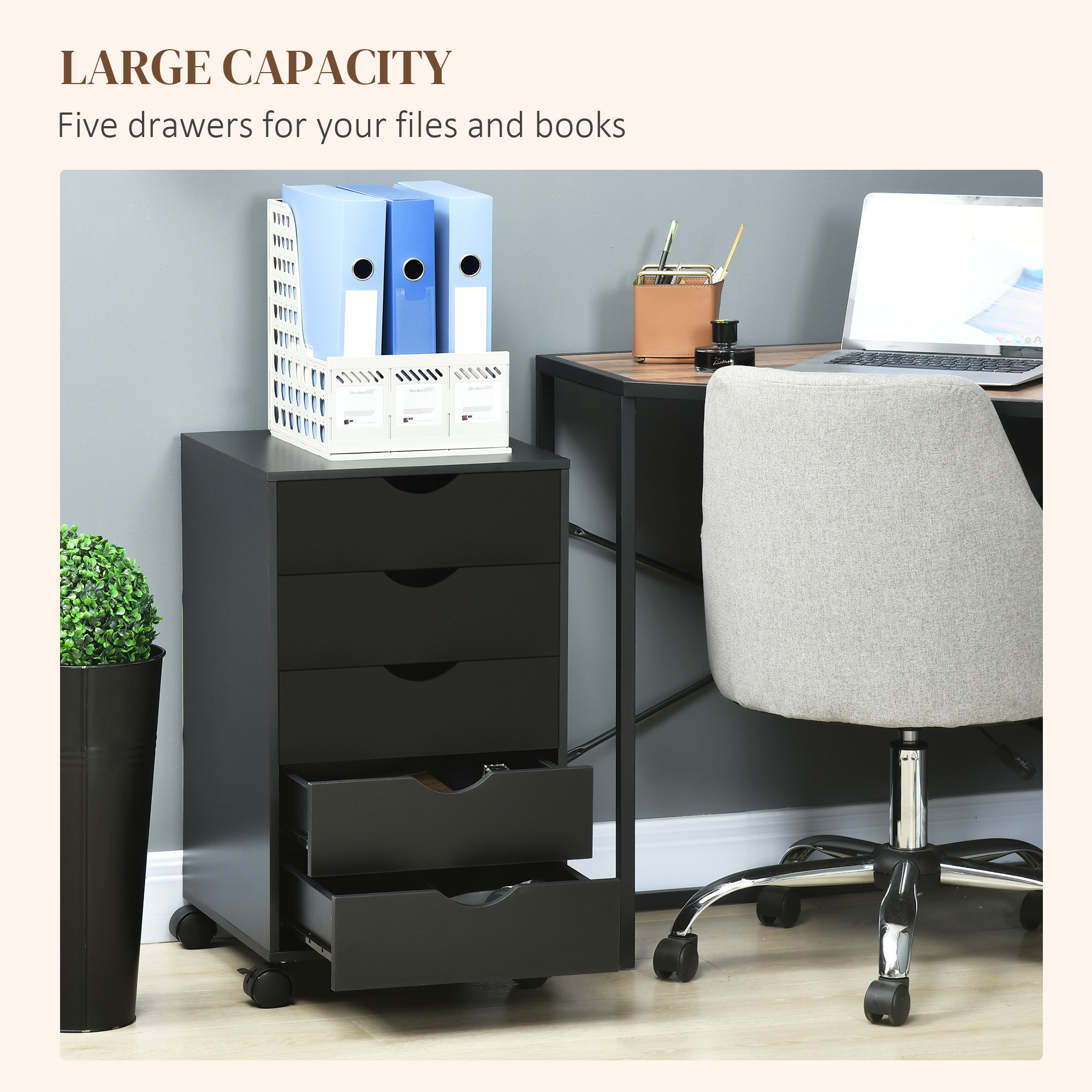 HOMCOM 5 Drawer Mobile Filing Cabinet, Vertical File Cabinet, Modern Rolling Office Storage Organizer Cupboard, Black 4