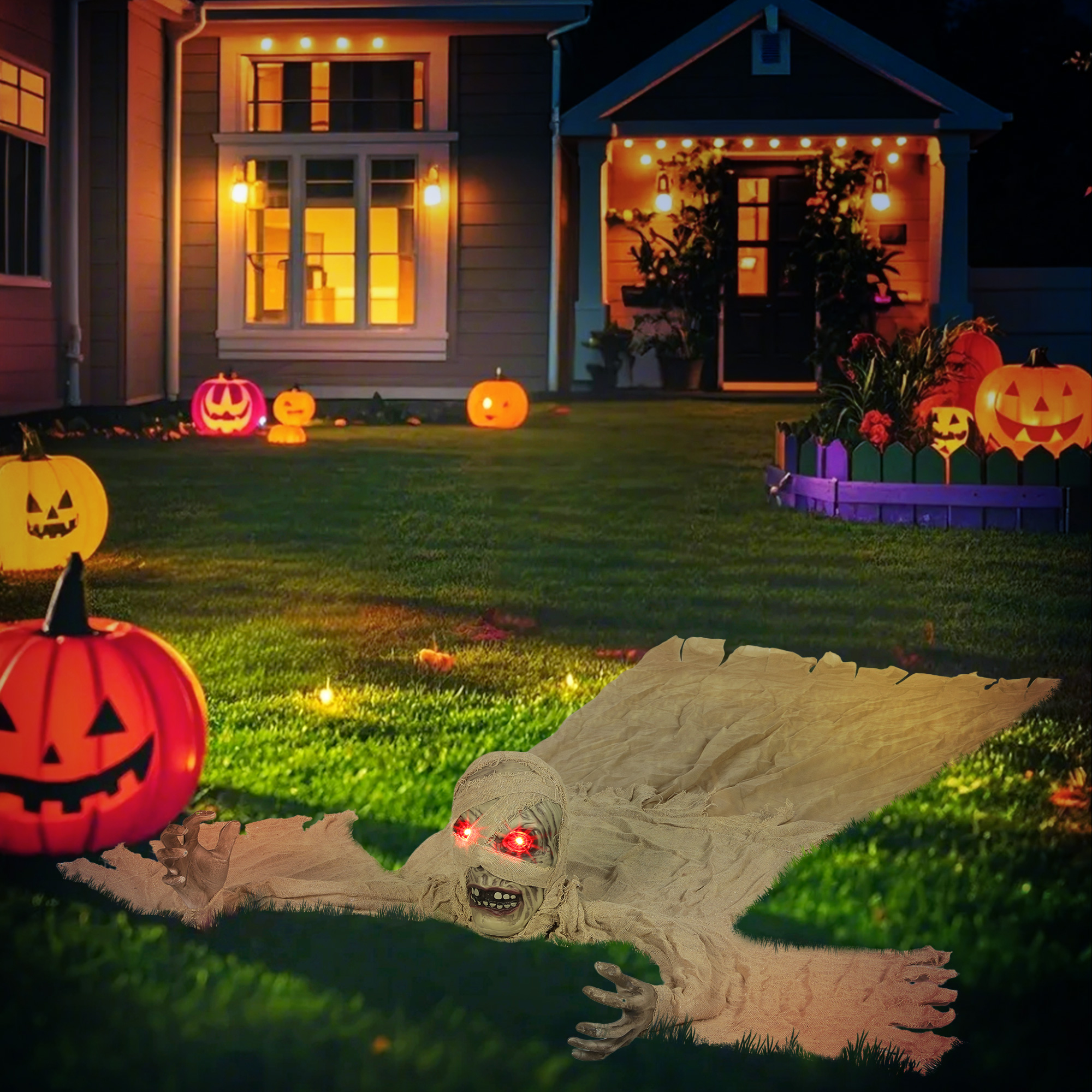 Outsunny 183 cm Life Size Halloween Animated Crawling Mummy with Glowing LED Eyes, 8/16H Timer, Scary Halloween Decorations, Battery Operated, Indoor Outdoor Party Props 7