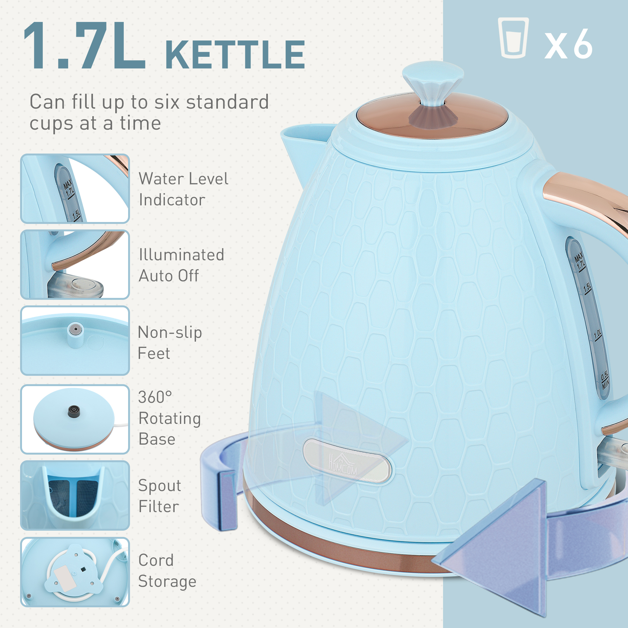 HOMCOM 1.7L 3000W Fast Boil Kettle & 2 Slice Toaster Set, Kettle and Toaster Set with Auto Shut Off, Browning Controls, Light Blue 4