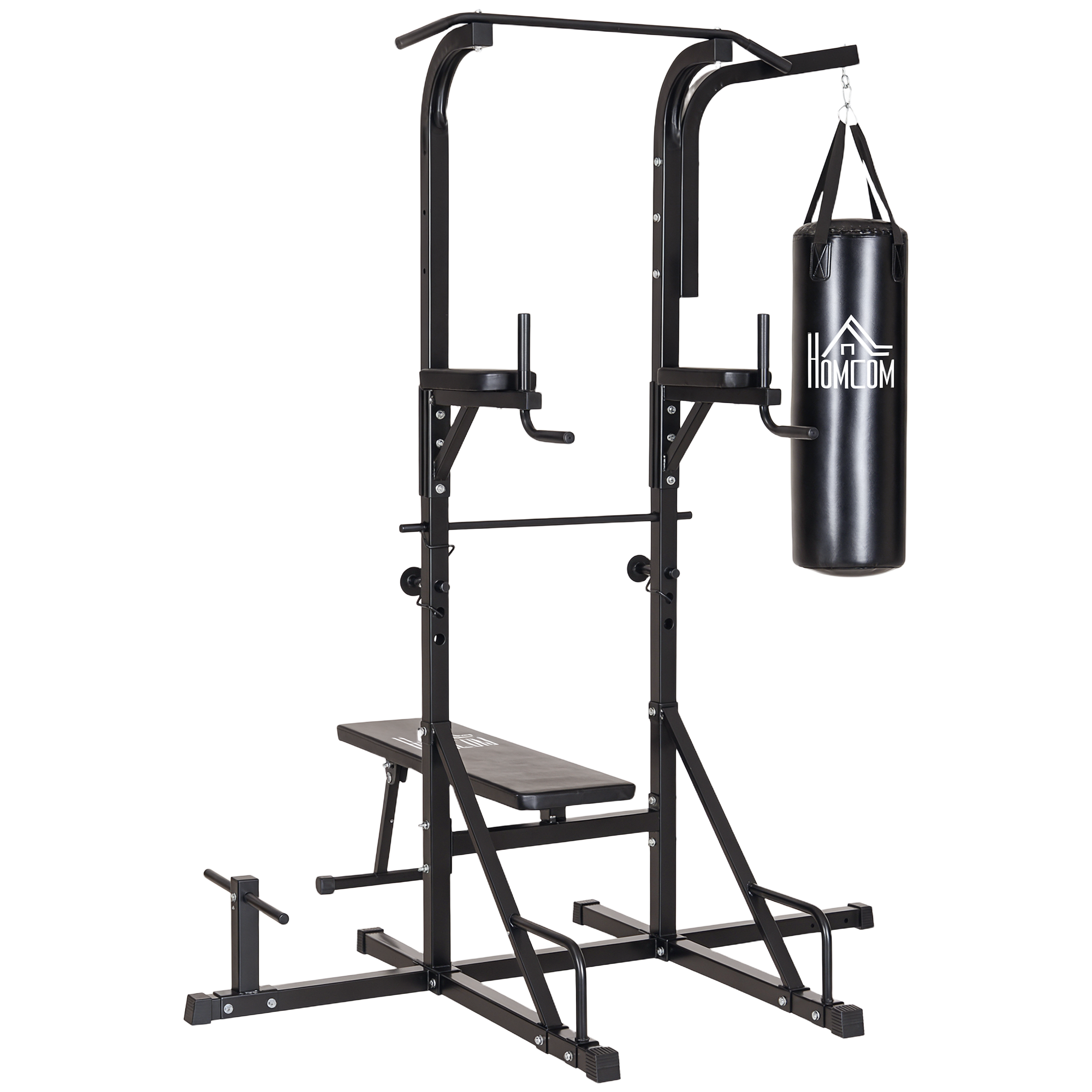 HOMCOM Power Tower con Panca e Sacco da Boxe di 20kg, Stazione Multiuso in Acciaio Nero per Allenamento Total Body