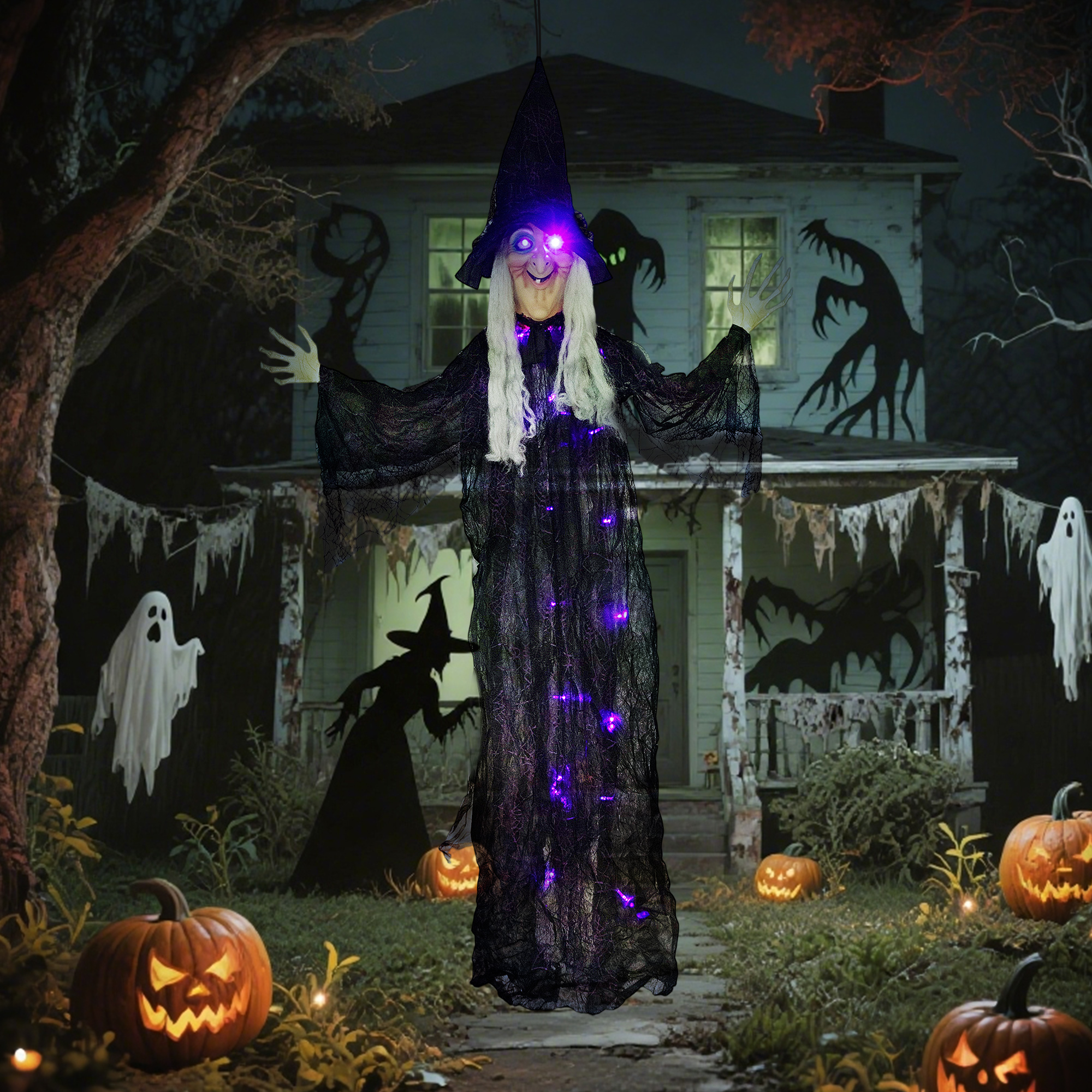 Outsunny 183 cm Life Size Halloween Animated Hanging Witch with Glowing LED Eyes & Body, Spooky Witch Scary Halloween Decorations, Battery Operated, Indoor Party Props 8