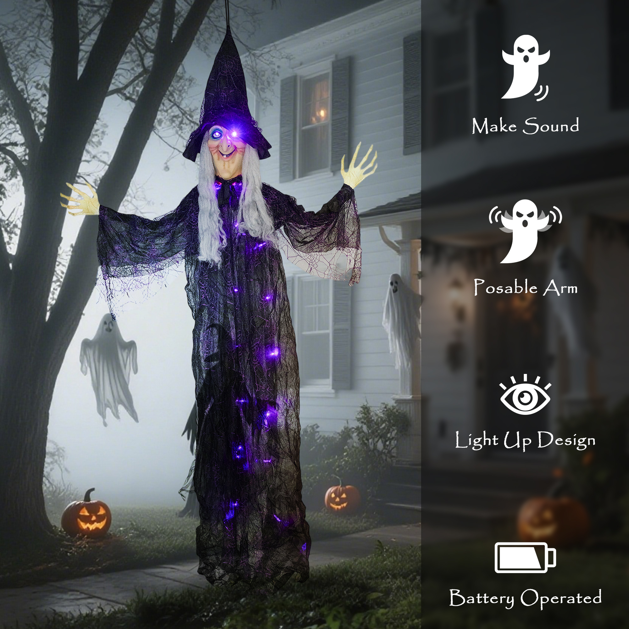 Outsunny 183 cm Life Size Halloween Animated Hanging Witch with Glowing LED Eyes & Body, Spooky Witch Scary Halloween Decorations, Battery Operated, Indoor Party Props 7