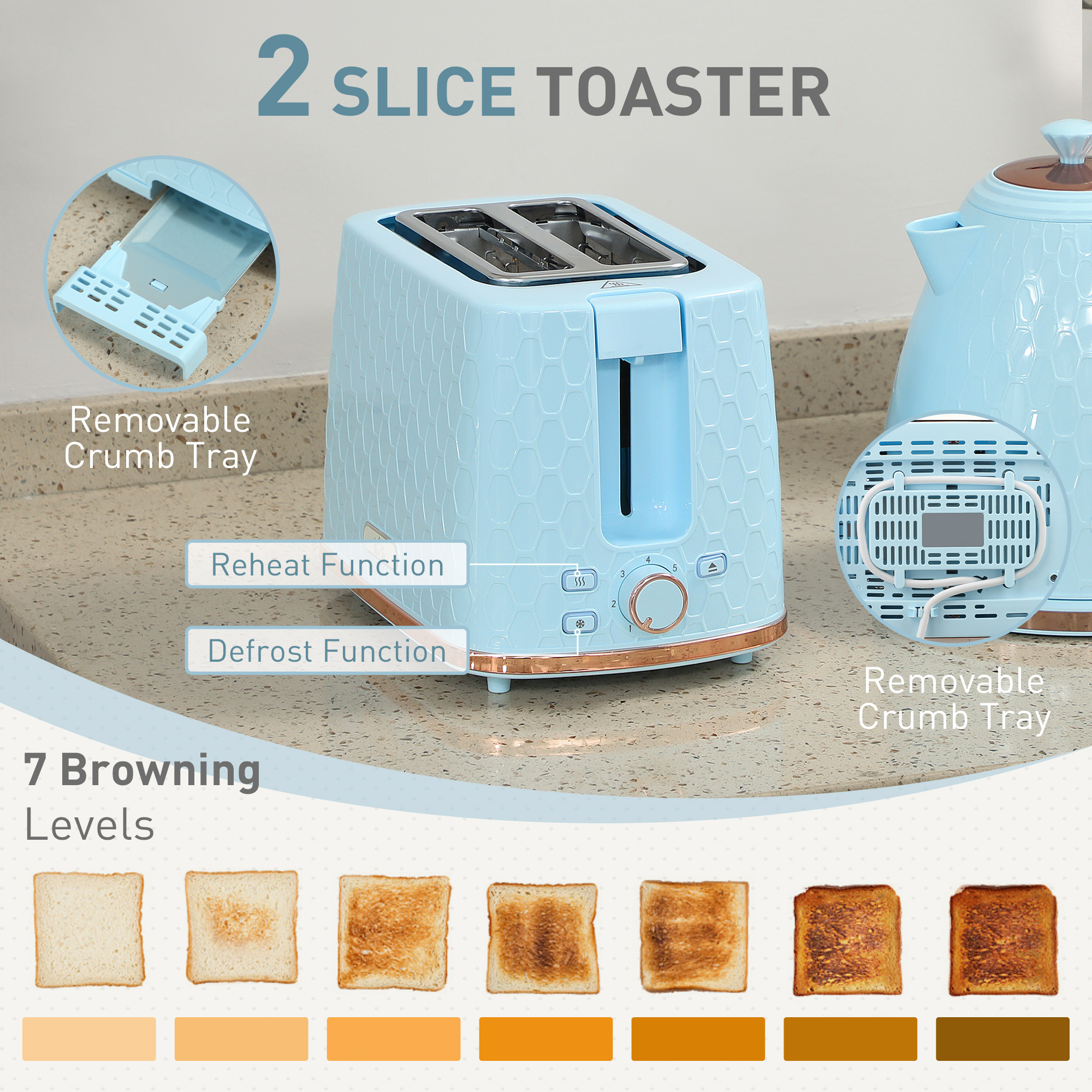 HOMCOM 1.7L 3000W Fast Boil Kettle & 2 Slice Toaster Set, Kettle and Toaster Set with Auto Shut Off, Browning Controls, Light Blue 5