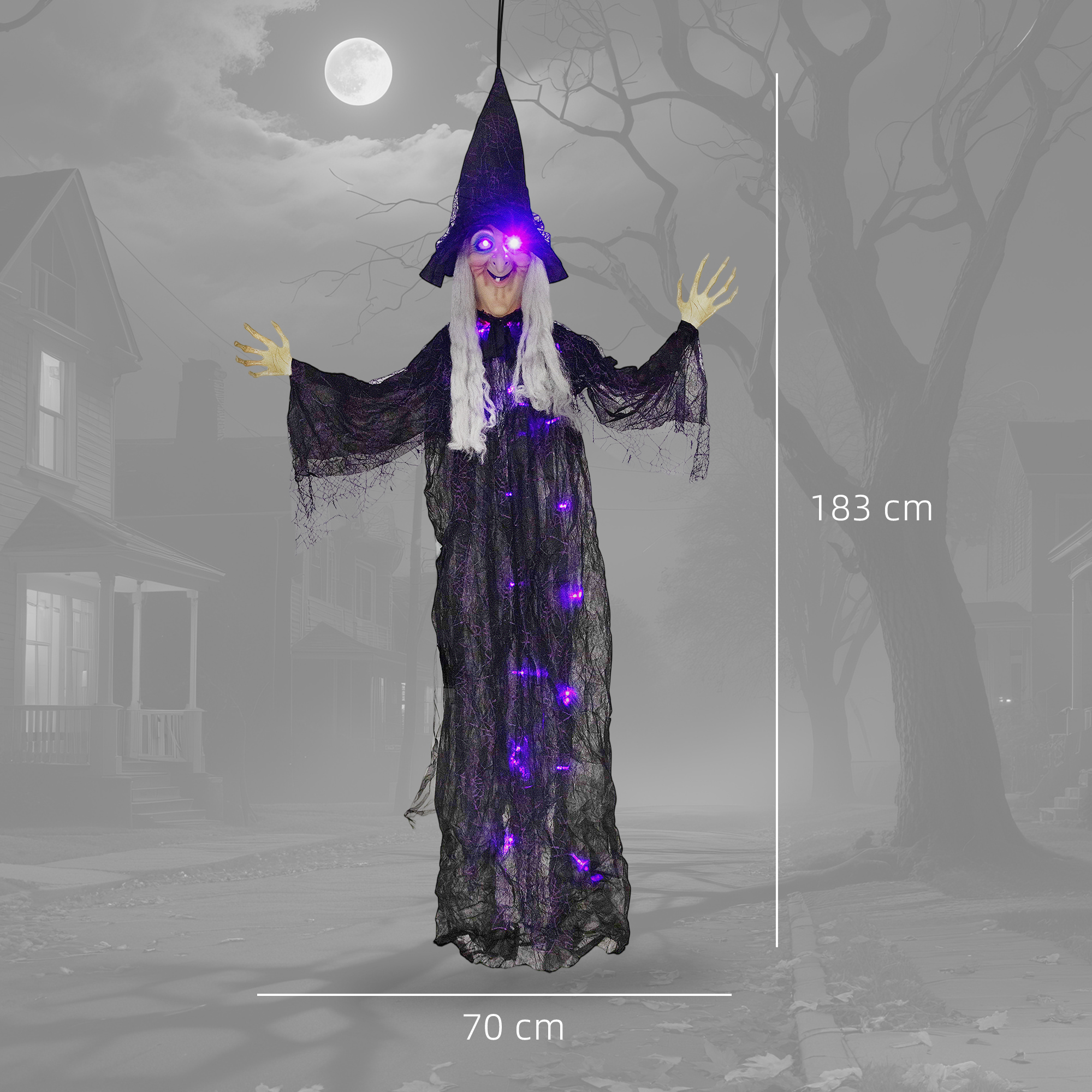 Outsunny 183 cm Life Size Halloween Animated Hanging Witch with Glowing LED Eyes & Body, Spooky Witch Scary Halloween Decorations, Battery Operated, Indoor Party Props 3
