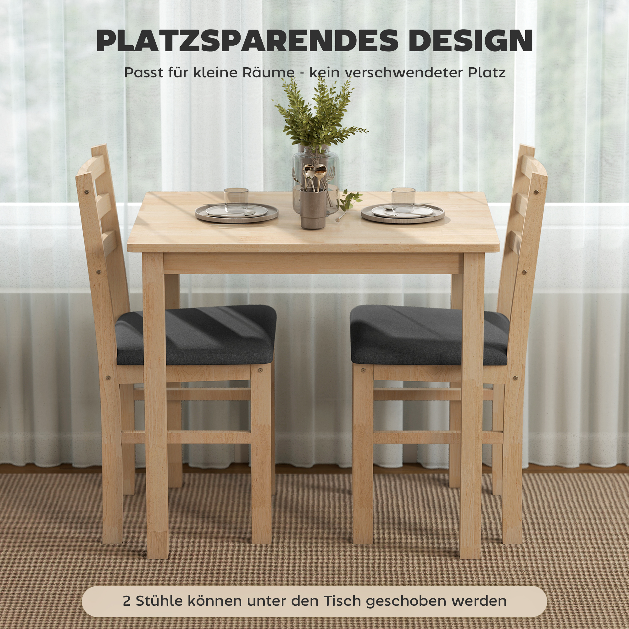 HOMCOM 3-teiliges Esstisch-Set mit 2 Stühlen, Küchentisch für kompakte Räume, gepolsterte Stühle, platzsparend, MDF, Naturholz