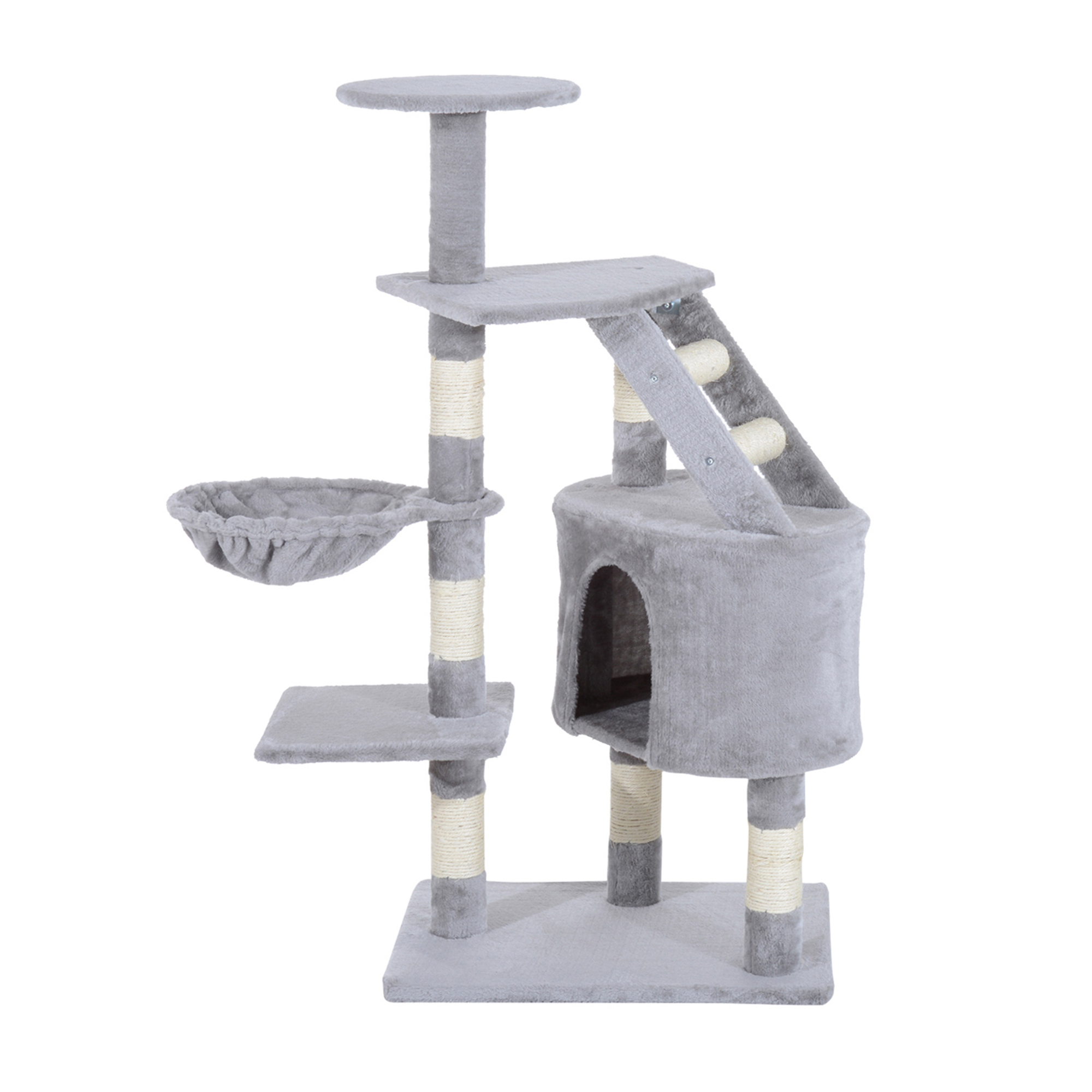 PawHut Rascador Árbol para Gatos con Escalera Cueva Hamaca Plataformas Centro de Actividades Sisal Natural 55x40x125cm Gris | Aosom España