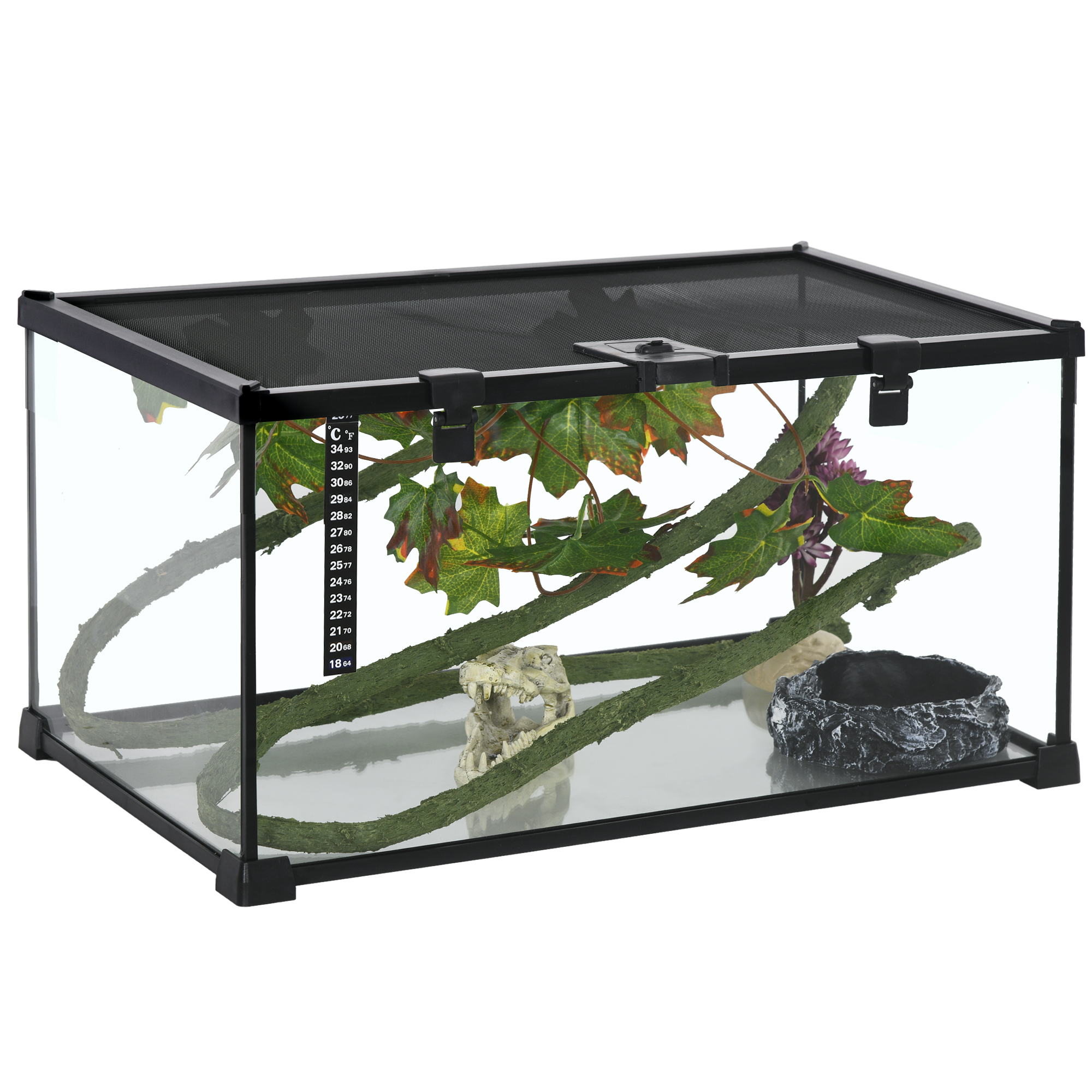 PawHut Glass Reptile Terrarium Insect Breeding Tank Vivarium Habitats with Thermometer for Lizards, Horned Frogs, Snakes, Spiders - Large 50 x 30 x 35cm