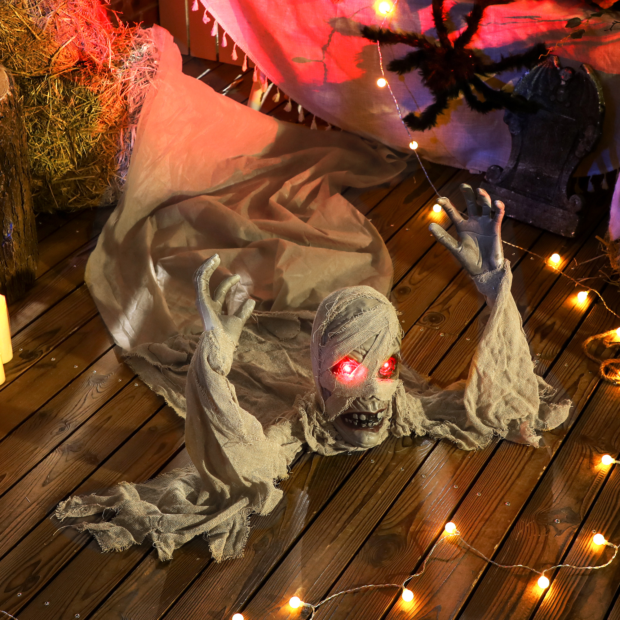 Outsunny 183 cm Life Size Halloween Animated Crawling Mummy with Glowing LED Eyes, 8/16H Timer, Scary Halloween Decorations, Battery Operated, Indoor Outdoor Party Props 6