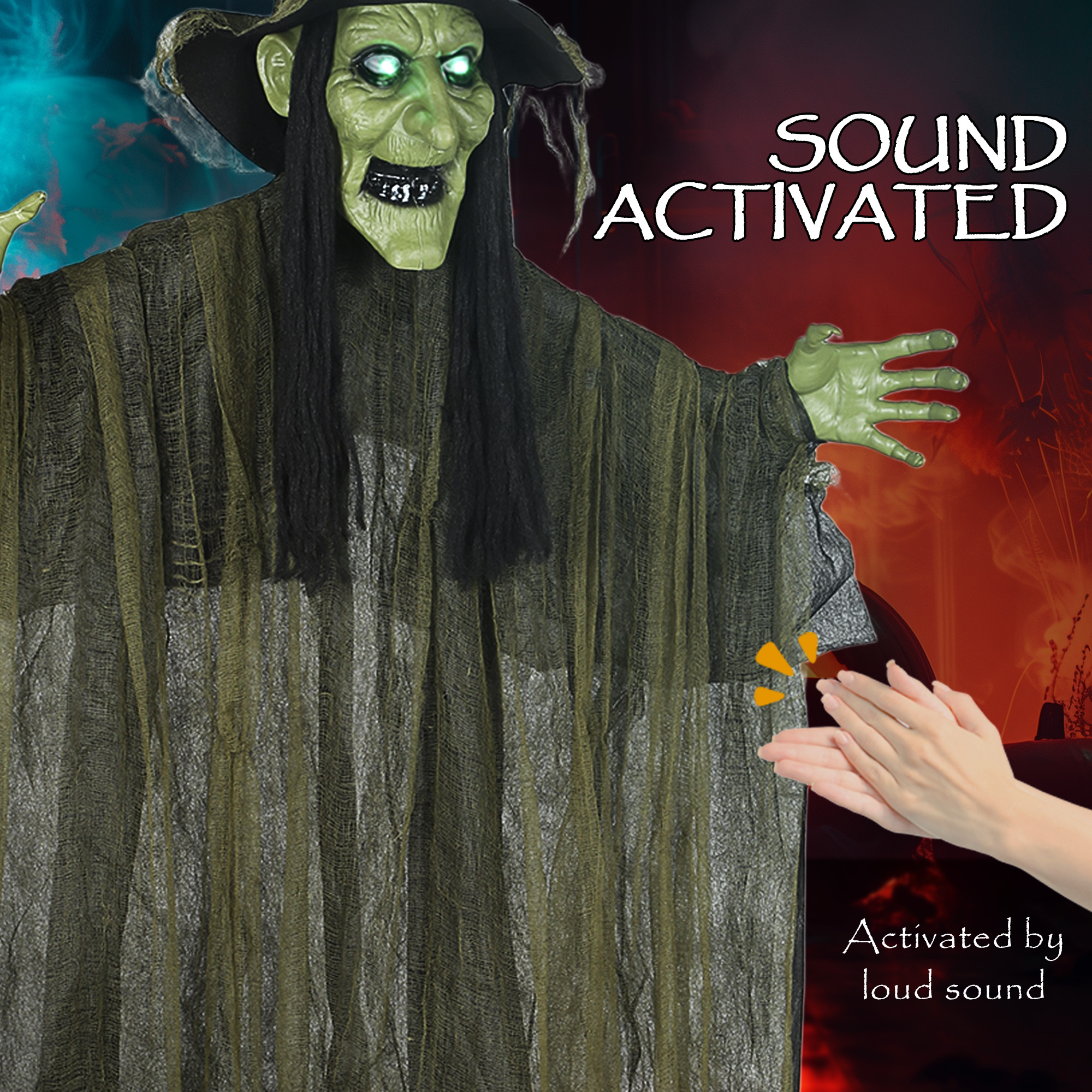 Outsunny 170 cm Life Size Hanging Halloween Animated Witch with Glowing LED Eyes, Spooky Witch Scary Halloween Decorations, Battery Operated, Indoor Party Props 5