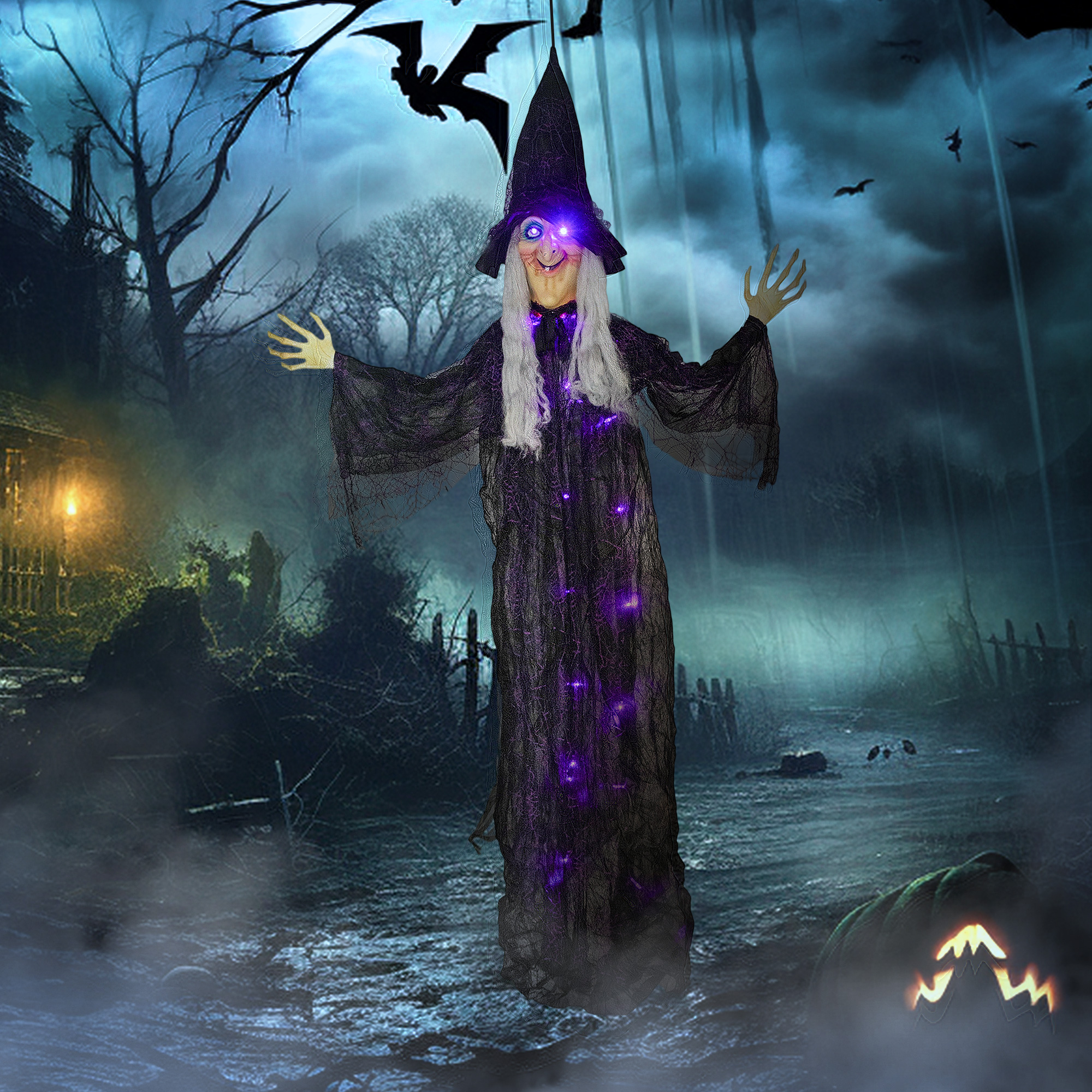 Outsunny 183 cm Life Size Halloween Animated Hanging Witch with Glowing LED Eyes & Body, Spooky Witch Scary Halloween Decorations, Battery Operated, Indoor Party Props 9