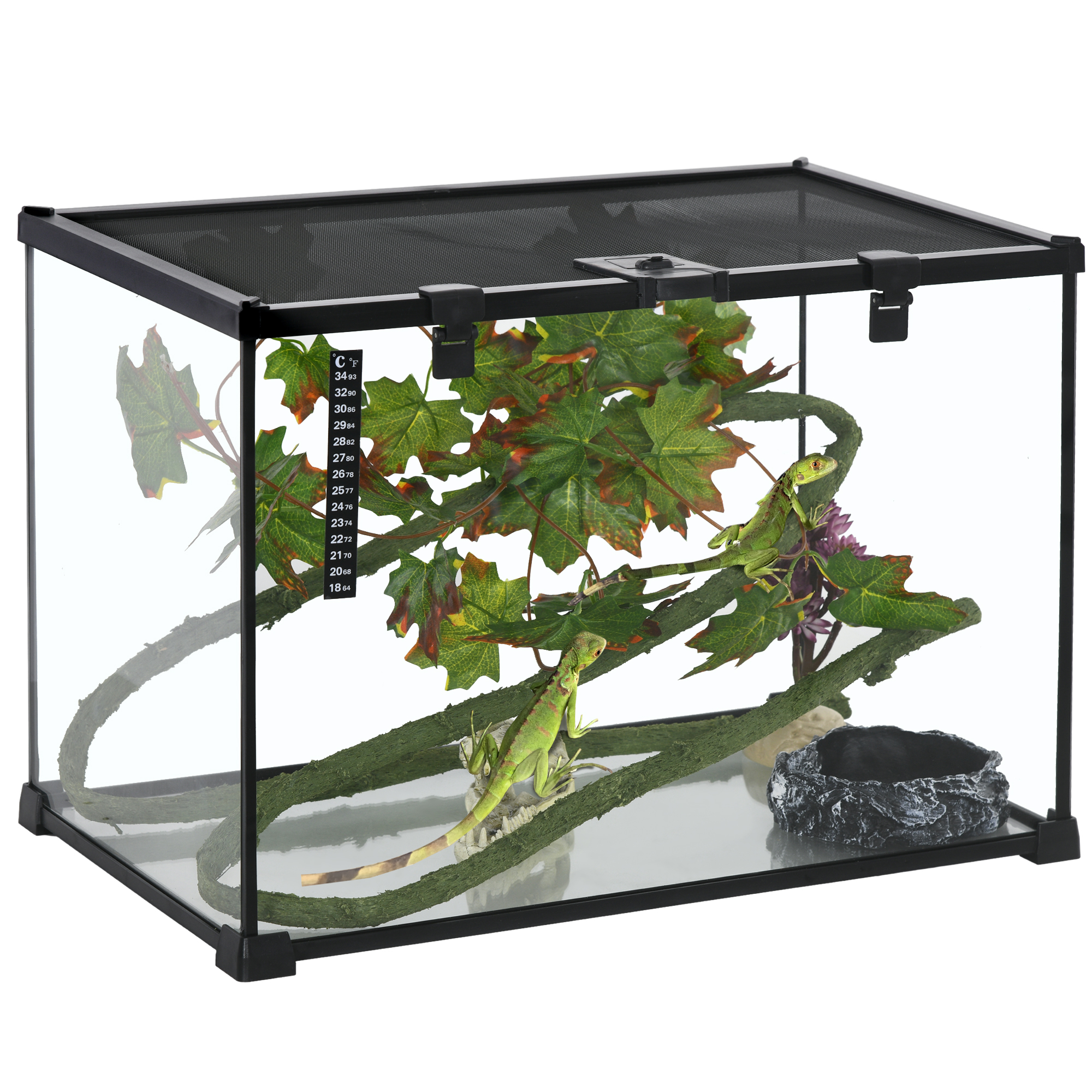 PawHut Glass Reptile Terrarium with Decor Kit, Breeding Tank with Thermometer for Small Animals, 50 x 30 x 25cm, Heated - Black