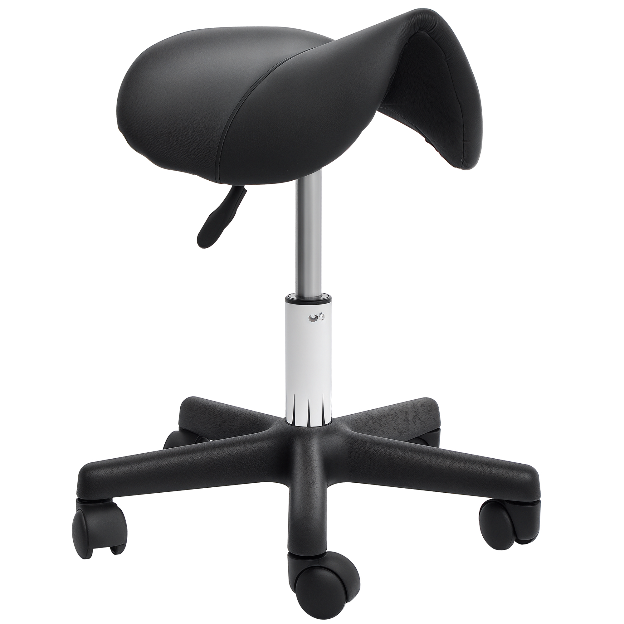 HOMCOM Scaun Rotativ cu Roți, Scaun pentru Coafor și Estetician cu Înălțime Ajustabilă, Tapițat cu Piele Ecologică, 35x38x43-55 cm, Negru