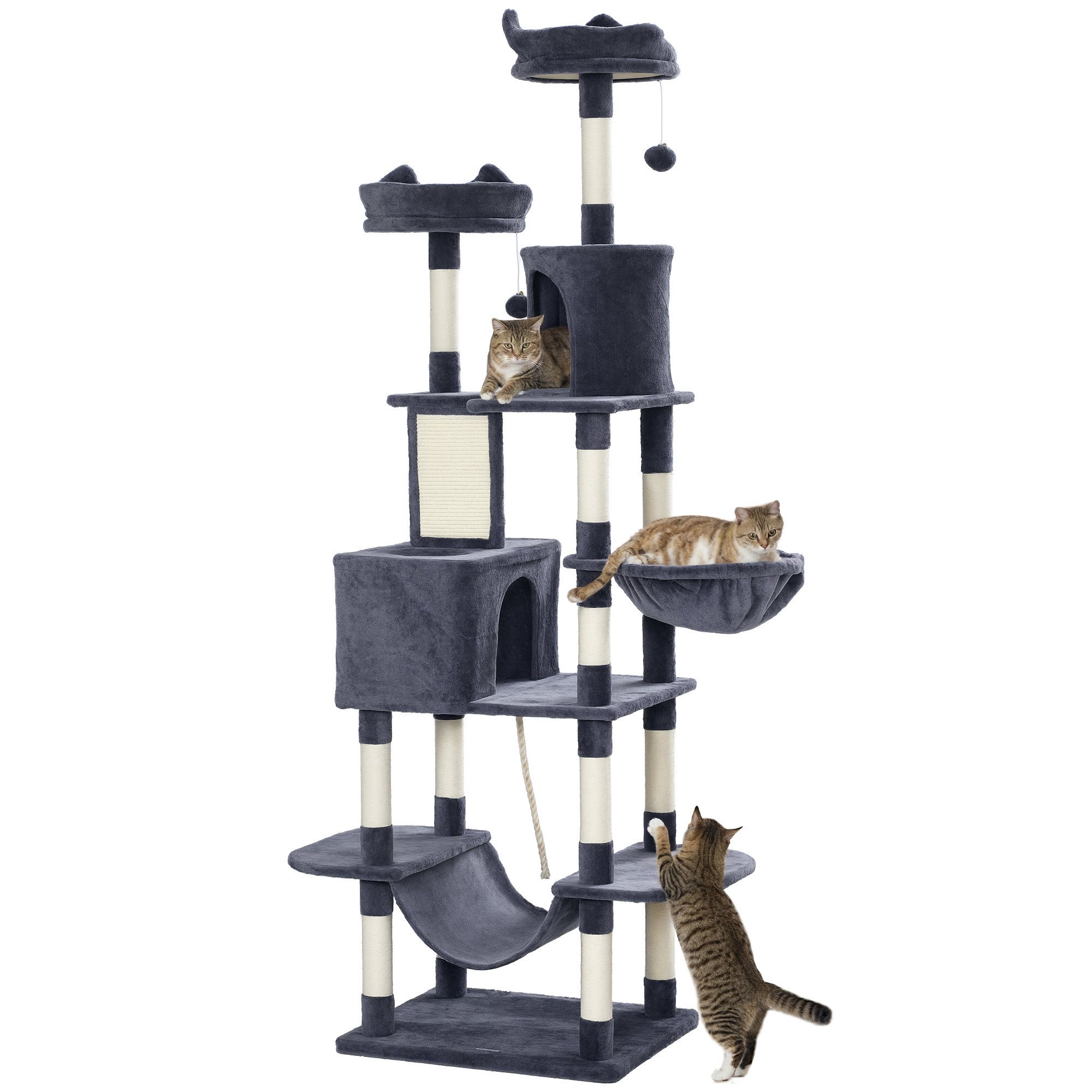 Image of PawHut Albero per Gatti 206 cm Torre per Gatti con Cuccia, 2 Palline Giocattolo, Pali in Sisal, Piattaforma per Gatti Grandi, Grigio Scuro Aosom Italy006