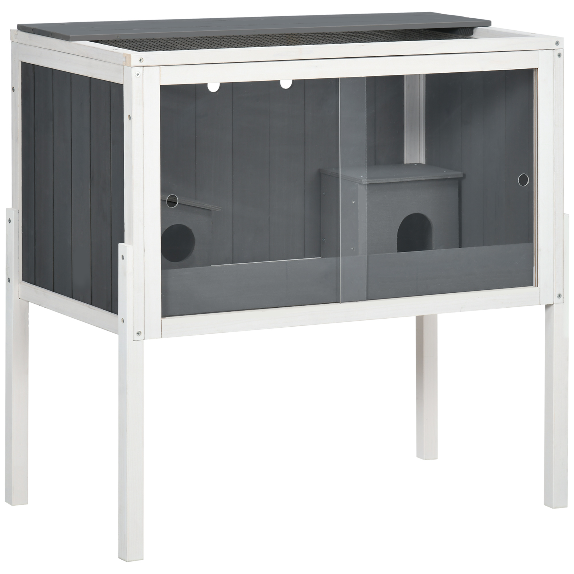 PawHut Rabbit Hutch, Wheeled Rabbit Cage w/ Water Bottle, Plastic Slide-Out Tray - Grey