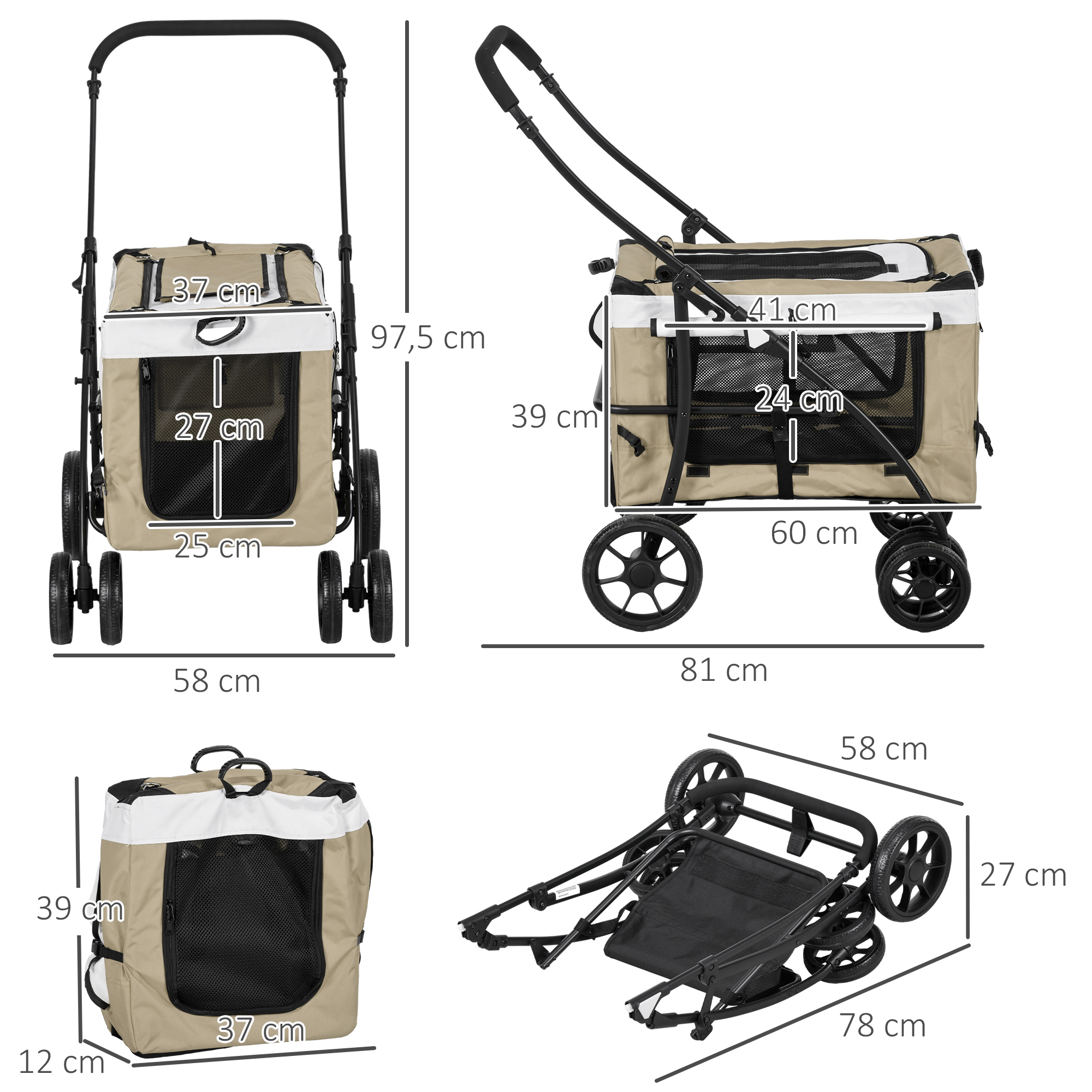Koerakäru, lemmikloomakäru, koerakäru, kokkupandav, eemaldatava korviga, 81 x 58 x 97,5 cm, must+khaki+valge