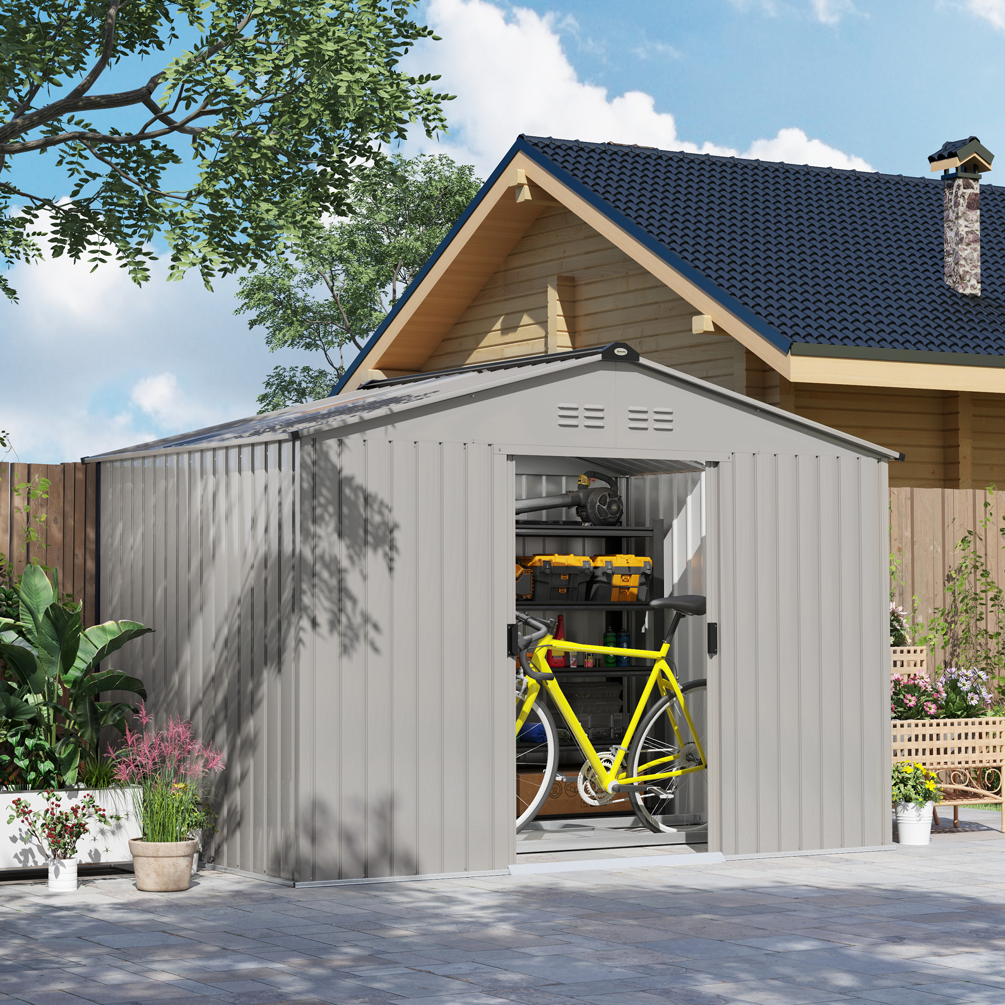 Outsunny Metall Gerätehaus 4,9 m², Gartenhaus mit Satteldach, Schiebetür, F günstig online kaufen