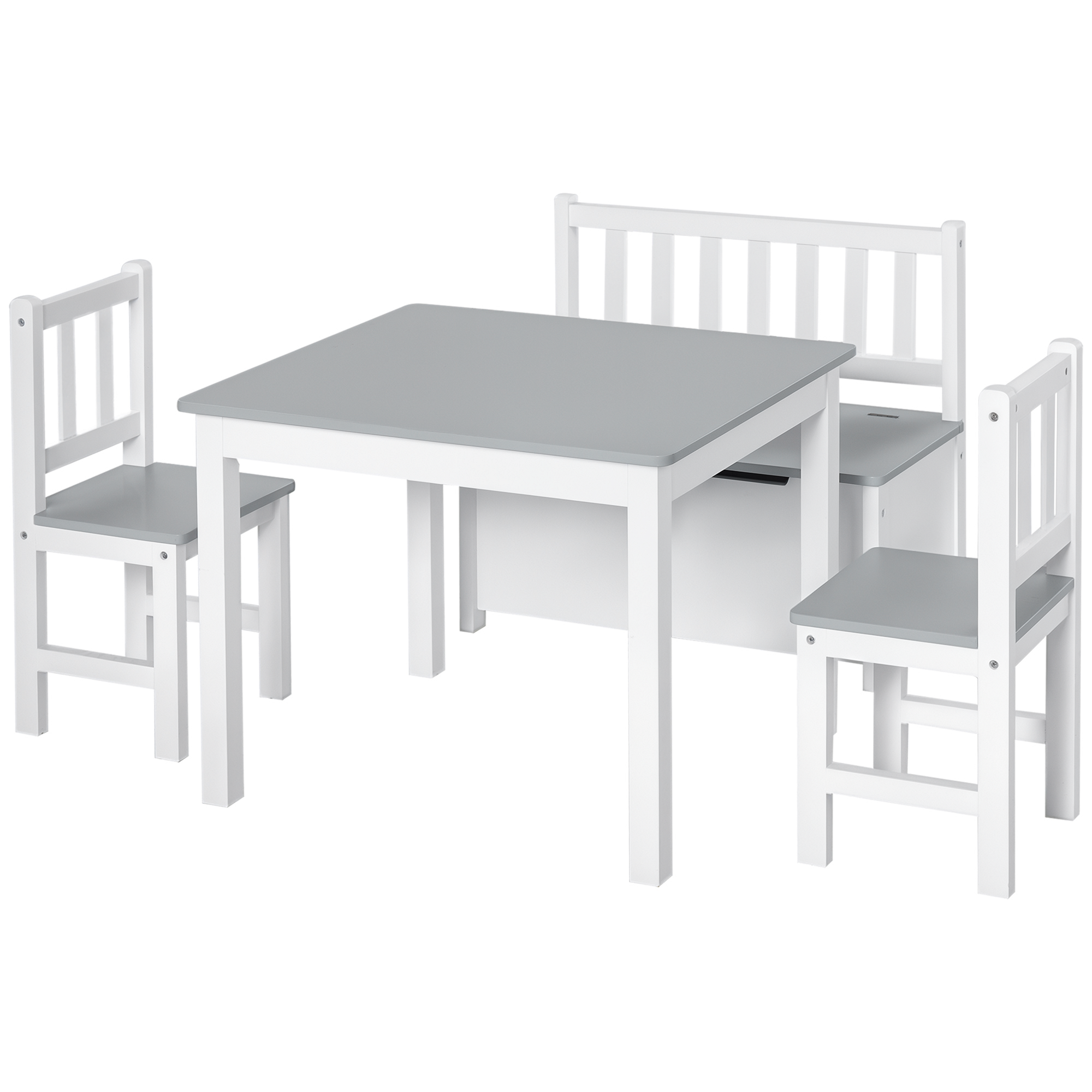 HOMCOM Set Mobilier pentru Copii 4 Piese, Masă, 2 Scaune, Bancă Depozitare, Lemn Multifuncțional, Alb și Gri | Aosom Romania