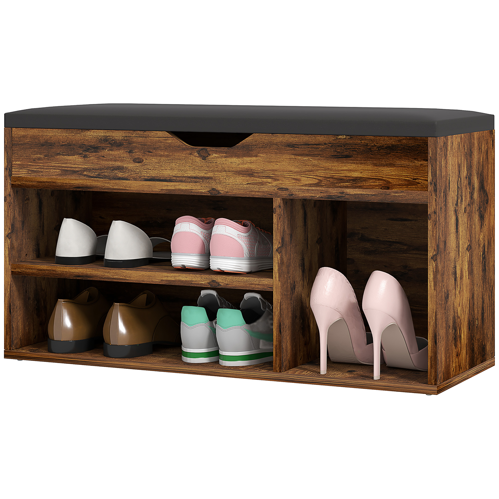 HOMCOM Meuble Chaussures Banc à Chaussures 2 Niveaux Rangement, Niche + Coffre intégré avec Coussin Effet bois d'acajou