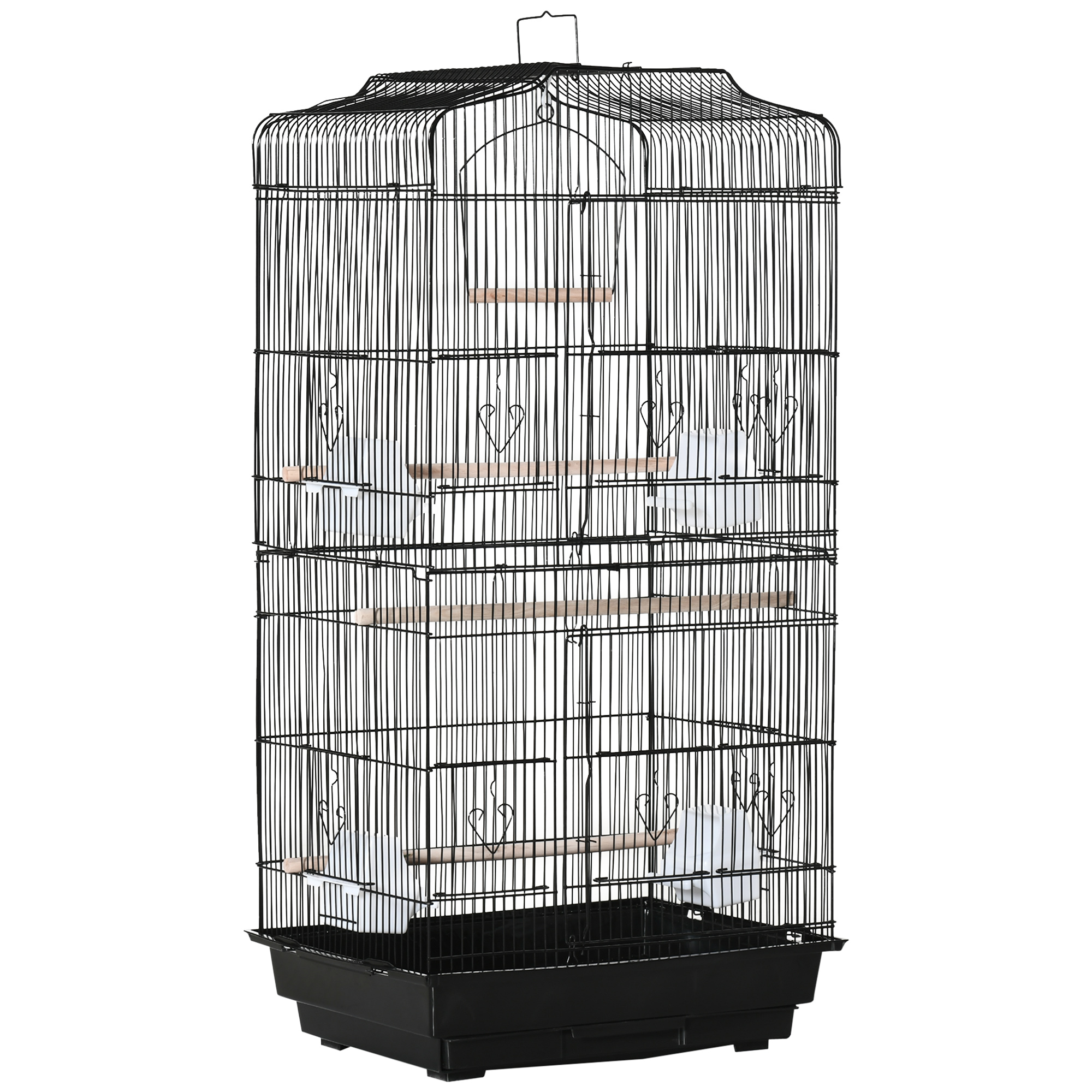 PawHut Jaula para Pájaros Pajarera de Metal con 4 Comederos 3 Perchas Columpio y Bandeja Extraíble 46,5x35,5x92 cm Negro | Aosom España