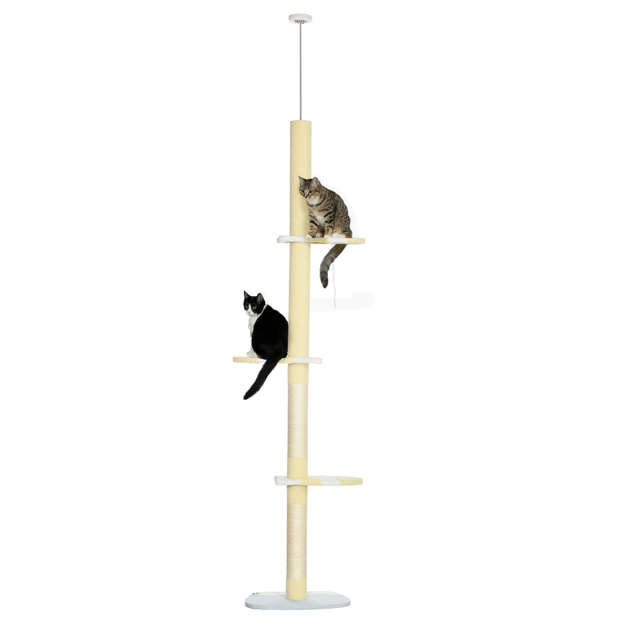 PawHut Árbol para Gatos de Suelo a Techo con Altura Ajustable Poste de Sisal y Bola para Jugar 47x34x220-260 cm Crema | Aosom España