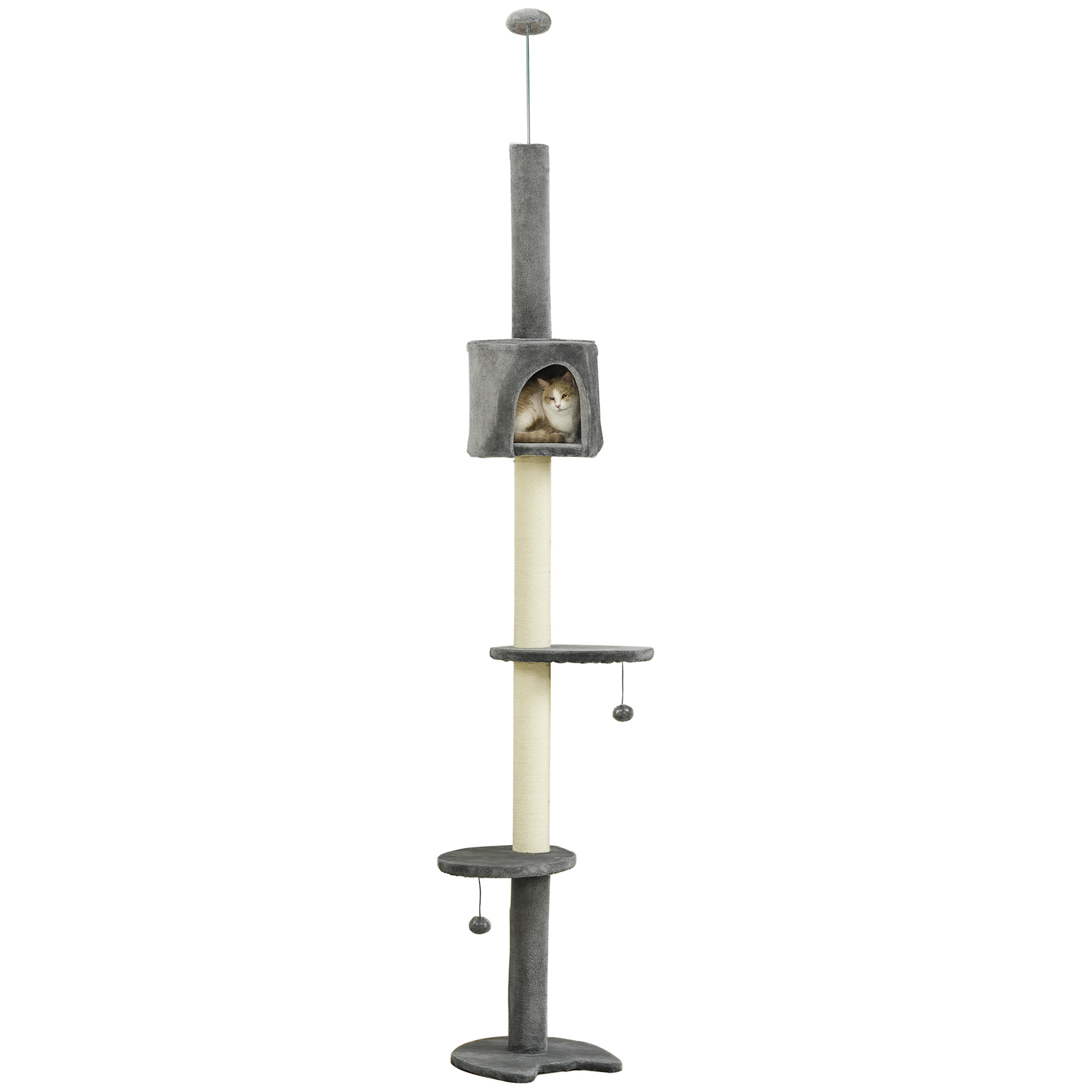 PawHut Multi-Level Cat Tree, Kitten Activity Tower, Condo, Indoor Play House with Scratching Post, Hanging Balls, Light Grey   Aosom UK