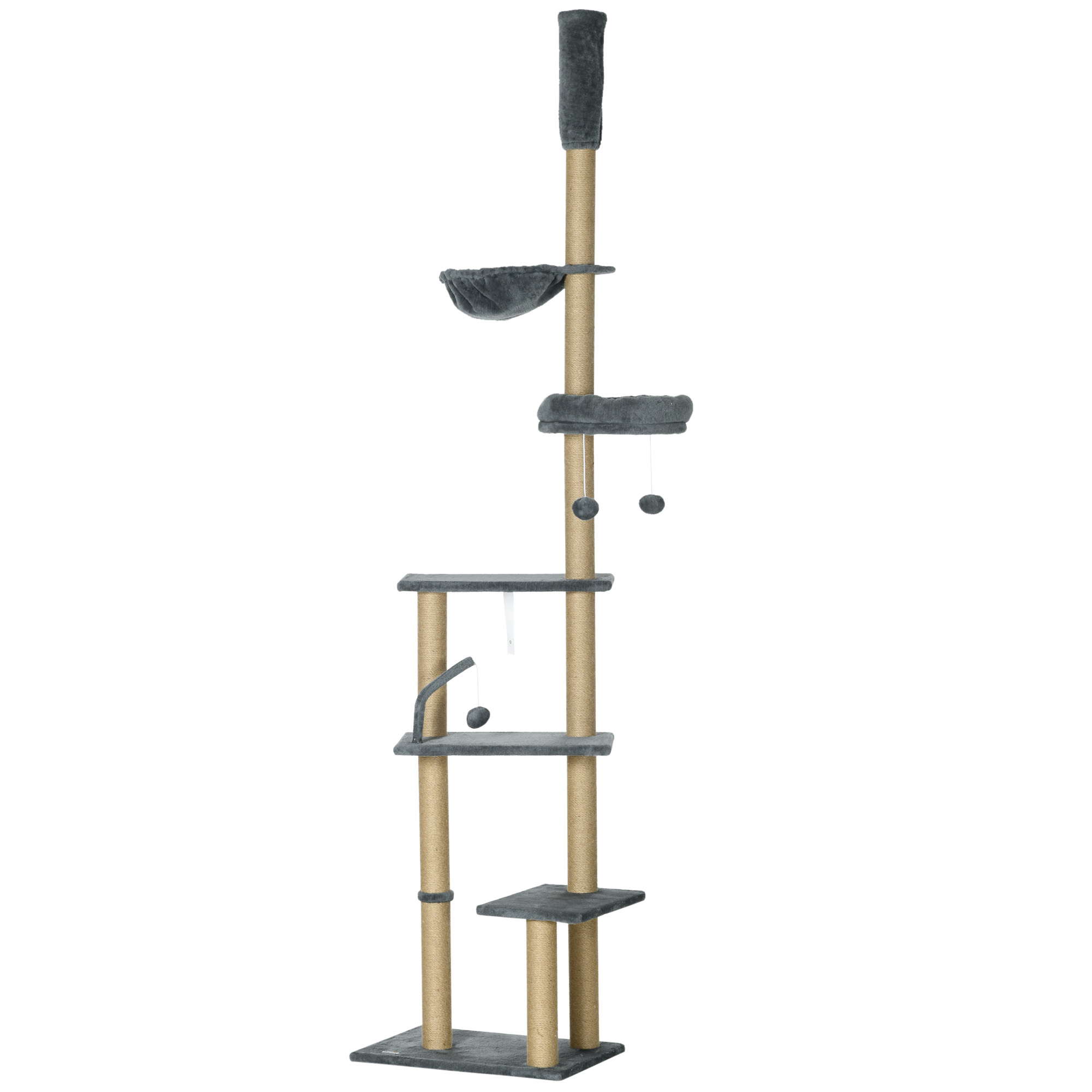 PawHut Floor to Ceiling Cat Tree for Indoor Cats, 6-Tier Play Tower Climbing Activity Center with Scratching Post, Platforms, Bed, Hammock, Adjustable Height 230-250cm, Beige